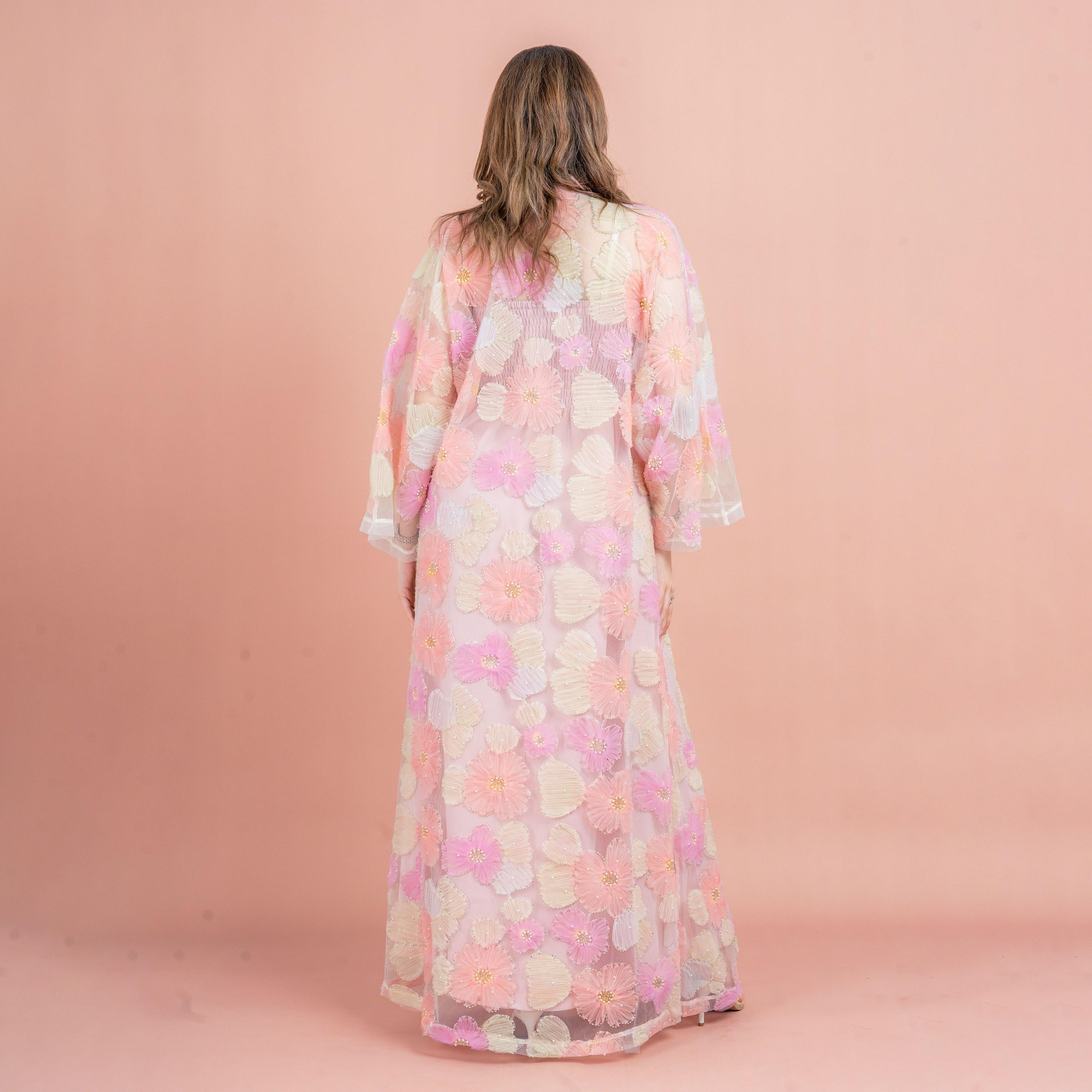 IKKXA 3-Piece Floral & Beaded Flared Sleeves Mesh Women's Evening Fusion Abaya Set-women-arabicclothing-abayas-image-4