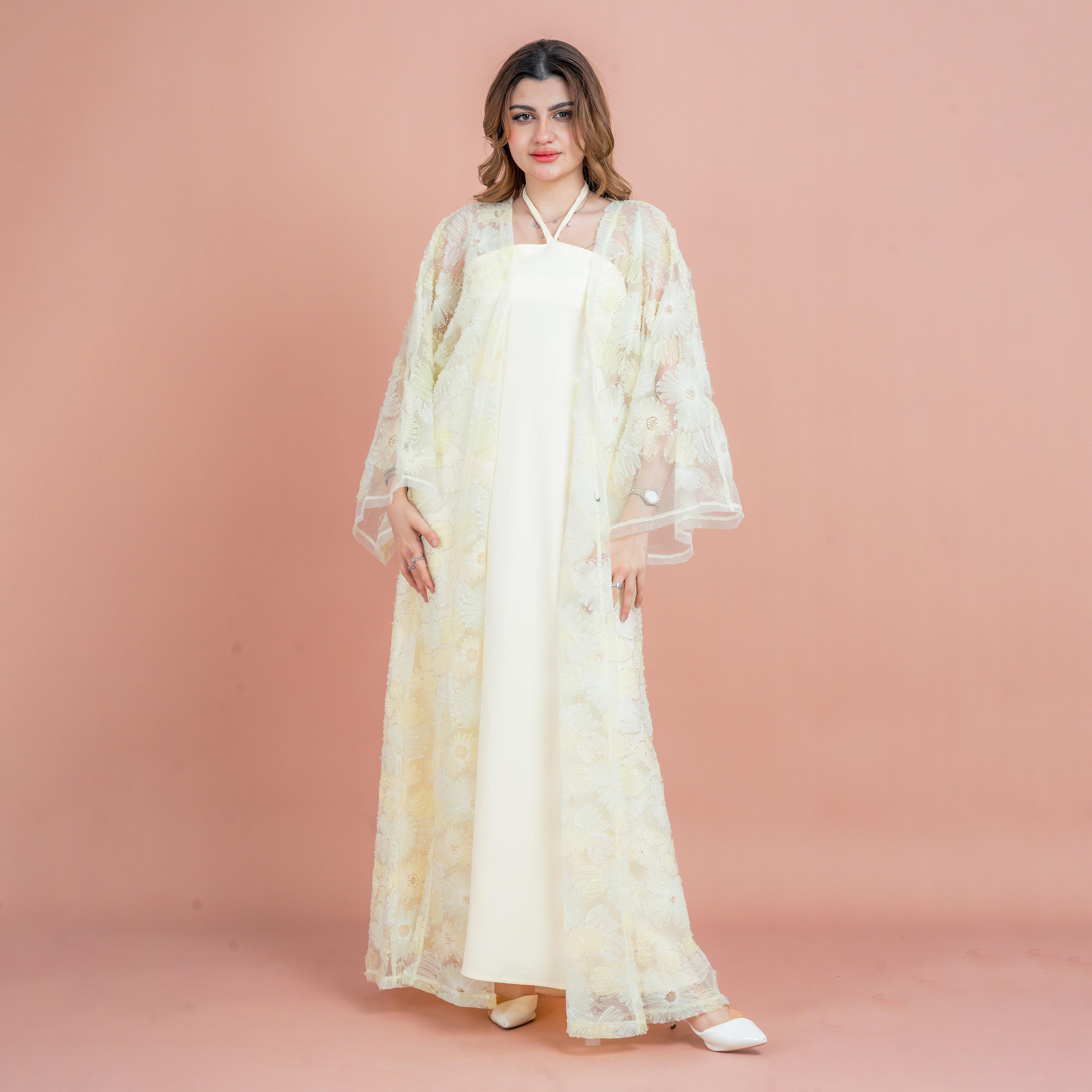 IKKXA 3-Piece Floral & Beaded Flared Sleeves Mesh Women's Evening Fusion Abaya Set-women-arabicclothing-abayas-image-1