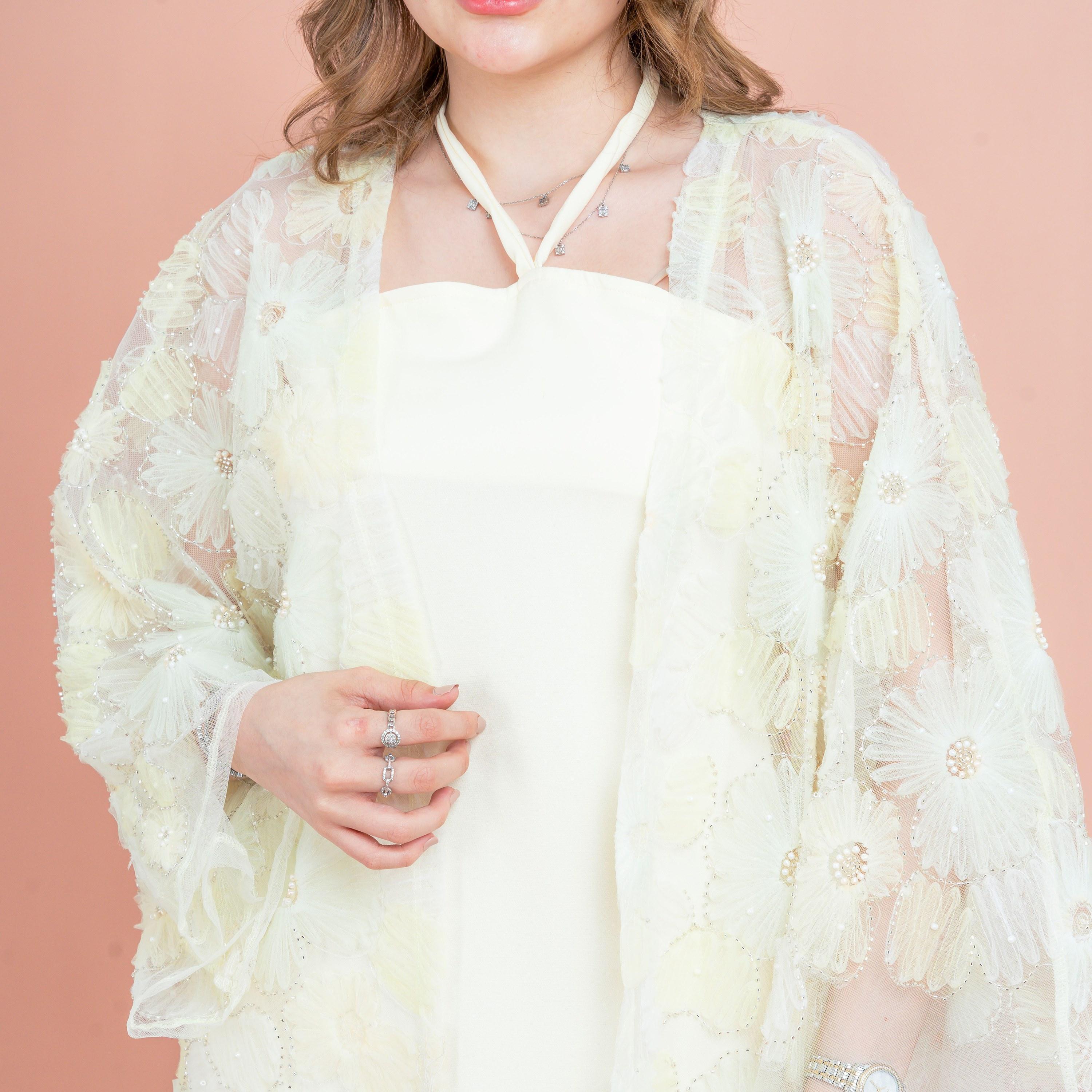 IKKXA 3-Piece Floral & Beaded Flared Sleeves Mesh Women's Evening Fusion Abaya Set-women-arabicclothing-abayas-image-2