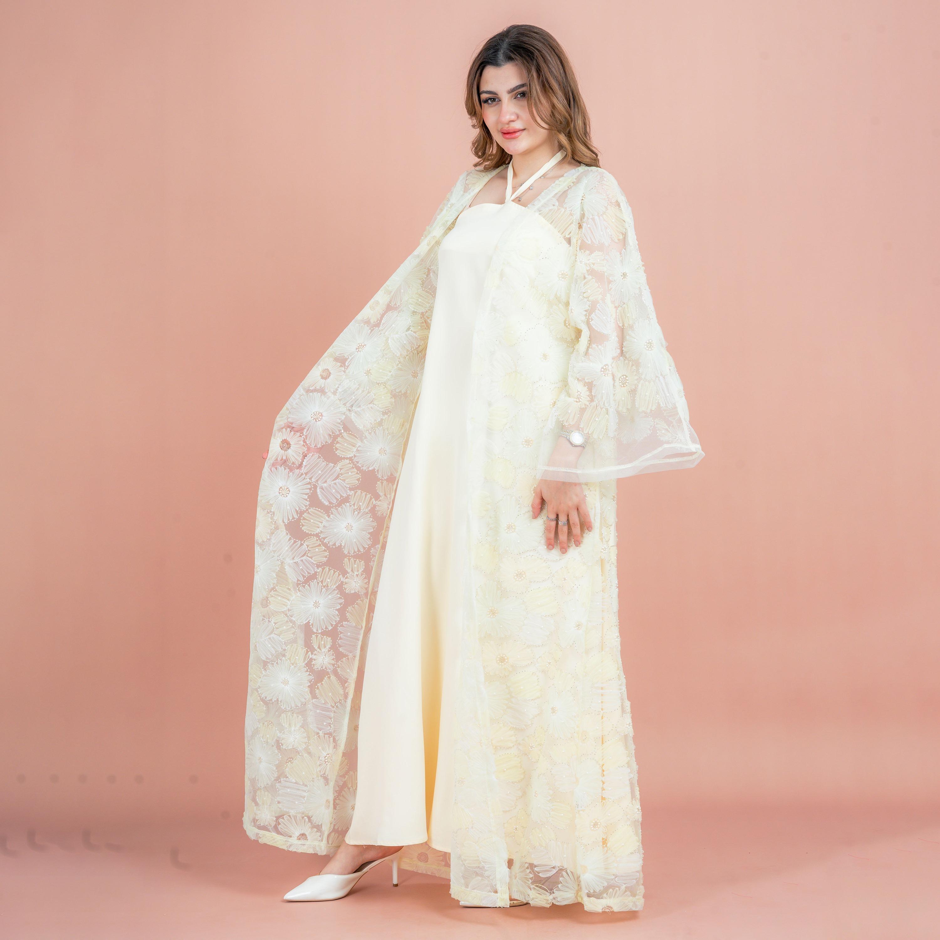 IKKXA 3-Piece Floral & Beaded Flared Sleeves Mesh Women's Evening Fusion Abaya Set-women-arabicclothing-abayas-image-3