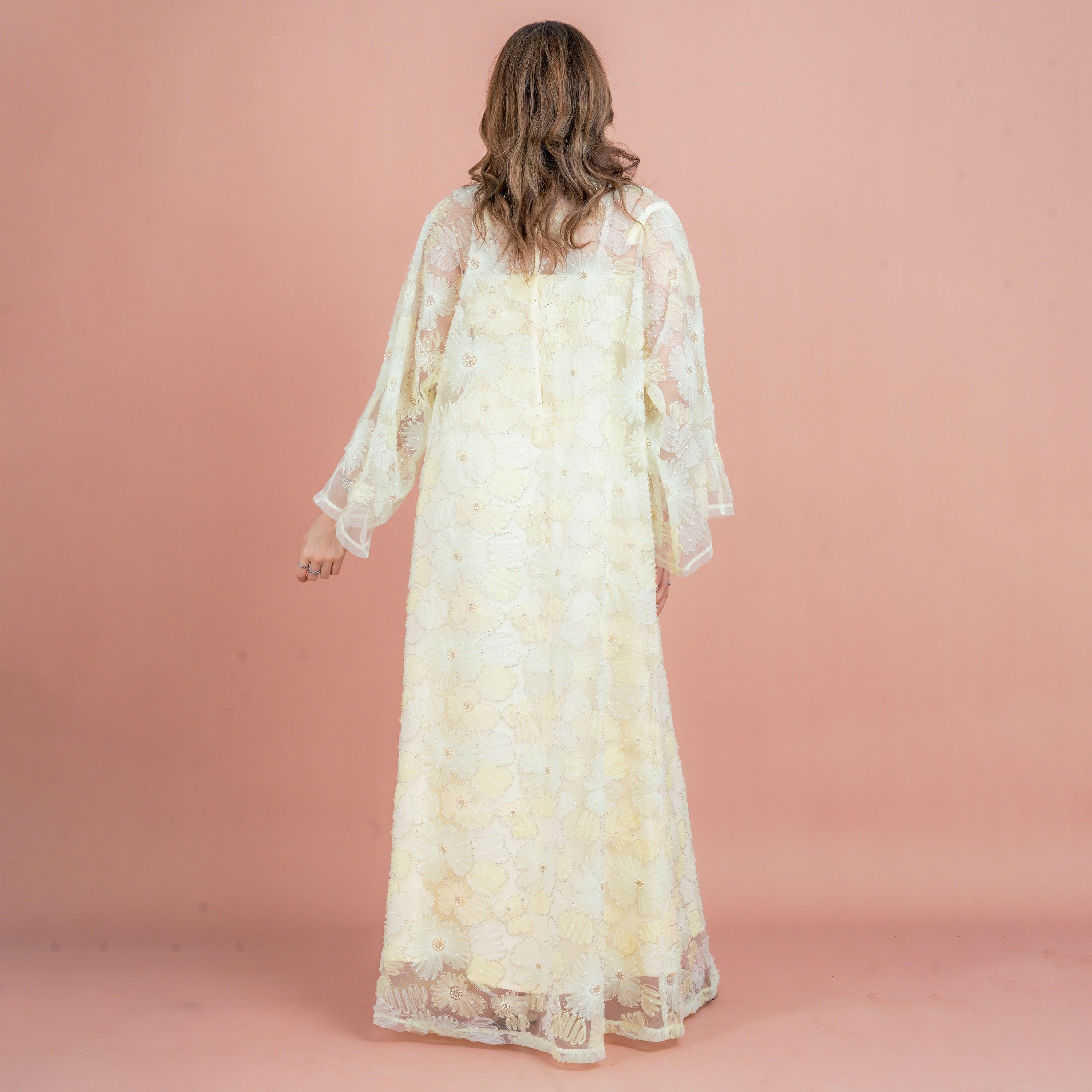 IKKXA 3-Piece Floral & Beaded Flared Sleeves Mesh Women's Evening Fusion Abaya Set-women-arabicclothing-abayas-image-4