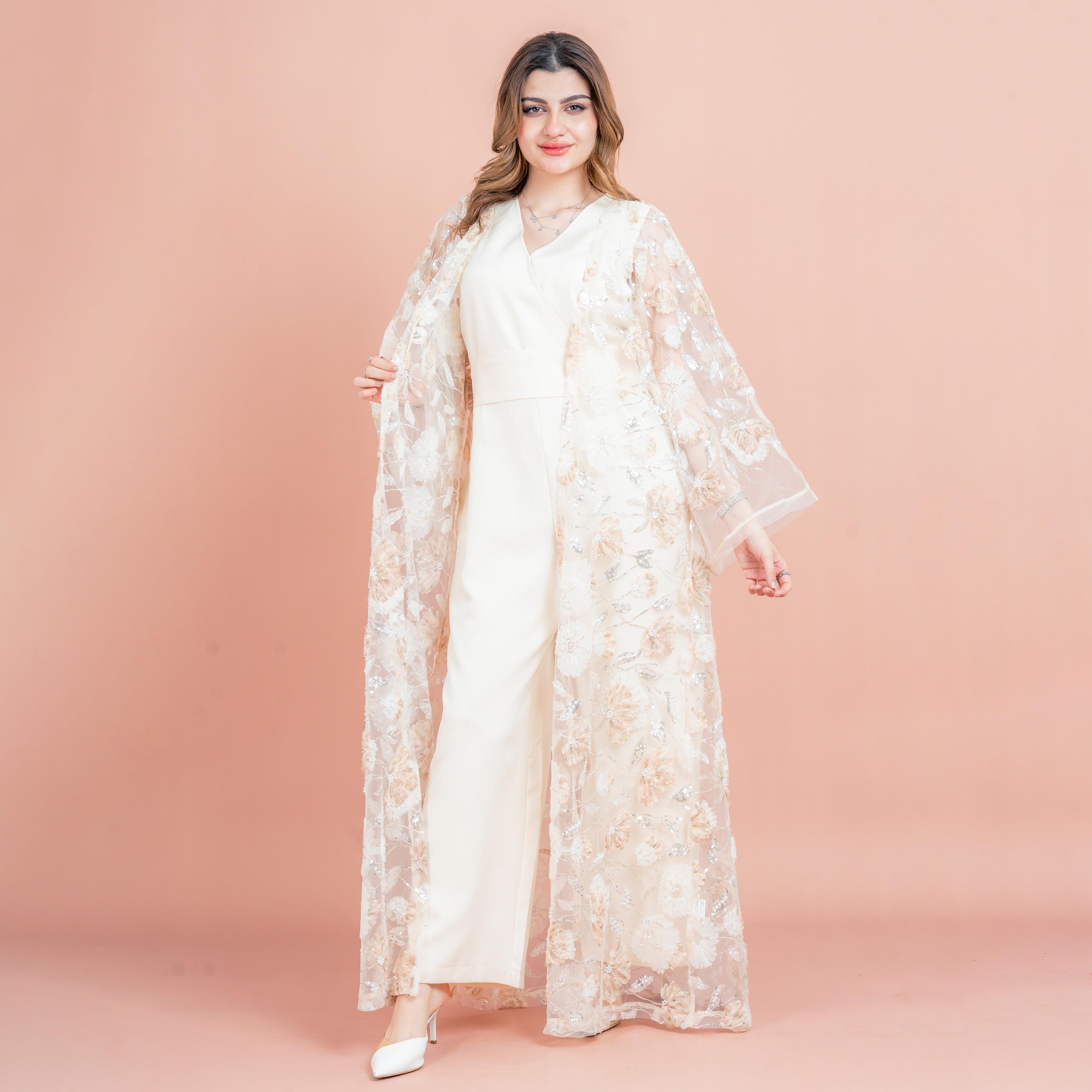 IKKXA 3-Piece Beaded & Sequined Flared Sleeves Mesh Women's Evening Fusion Abaya Set-women-arabicclothing-abayas-image-1