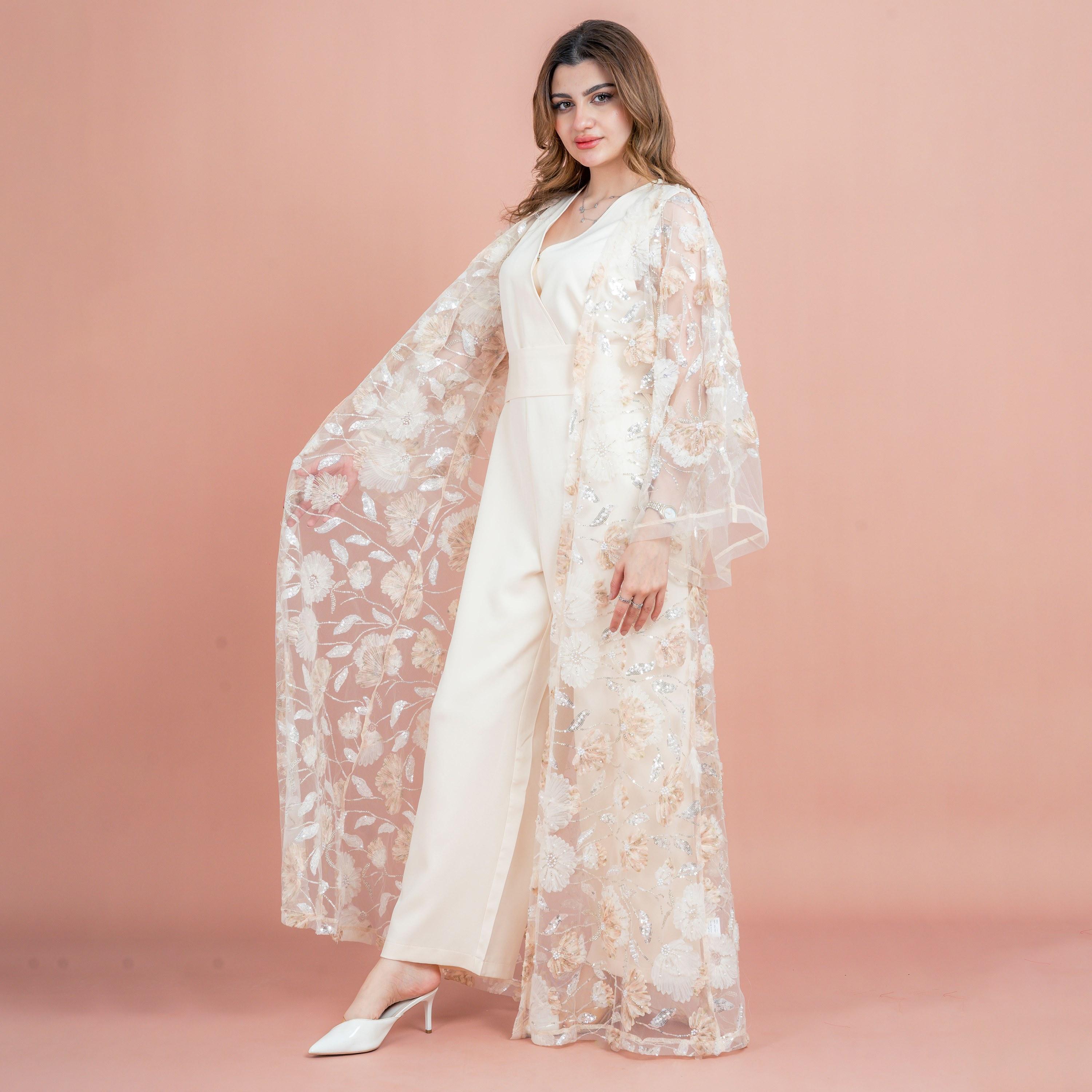 IKKXA 3-Piece Beaded & Sequined Flared Sleeves Mesh Women's Evening Fusion Abaya Set-women-arabicclothing-abayas-image-3