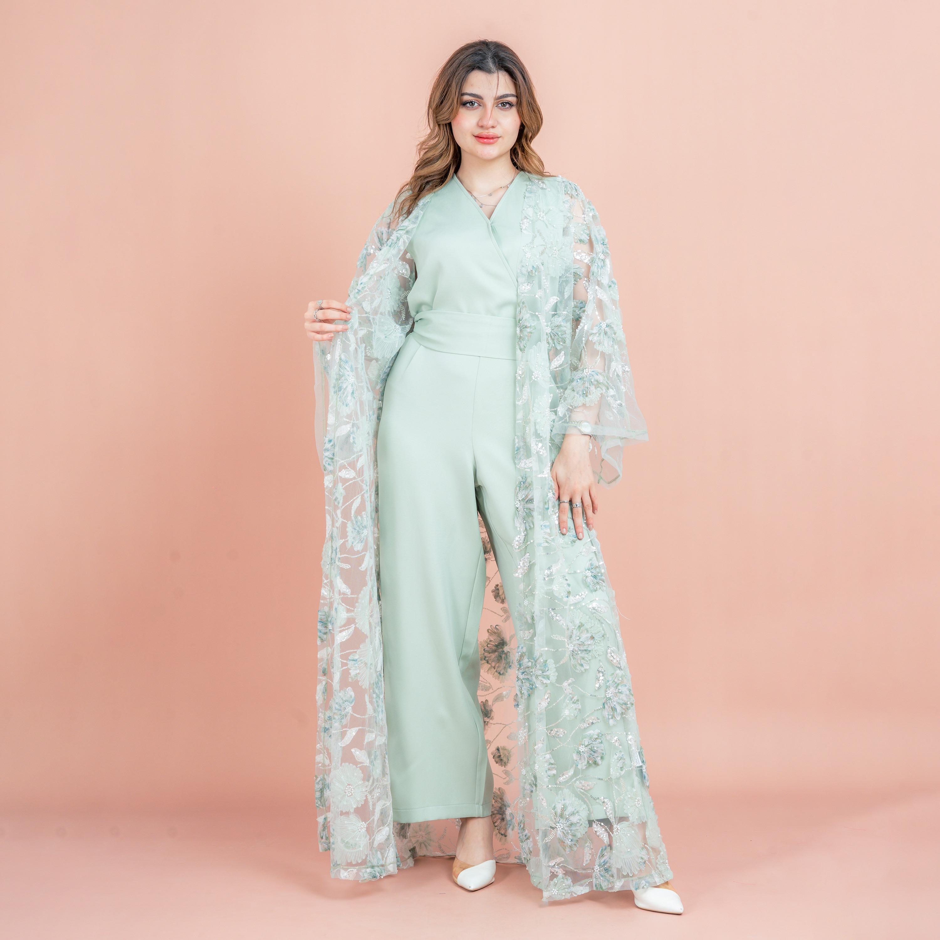 IKKXA 3-Piece Beaded & Sequined Flared Sleeves Mesh Women's Evening Fusion Abaya Set-women-arabicclothing-abayas-image-1