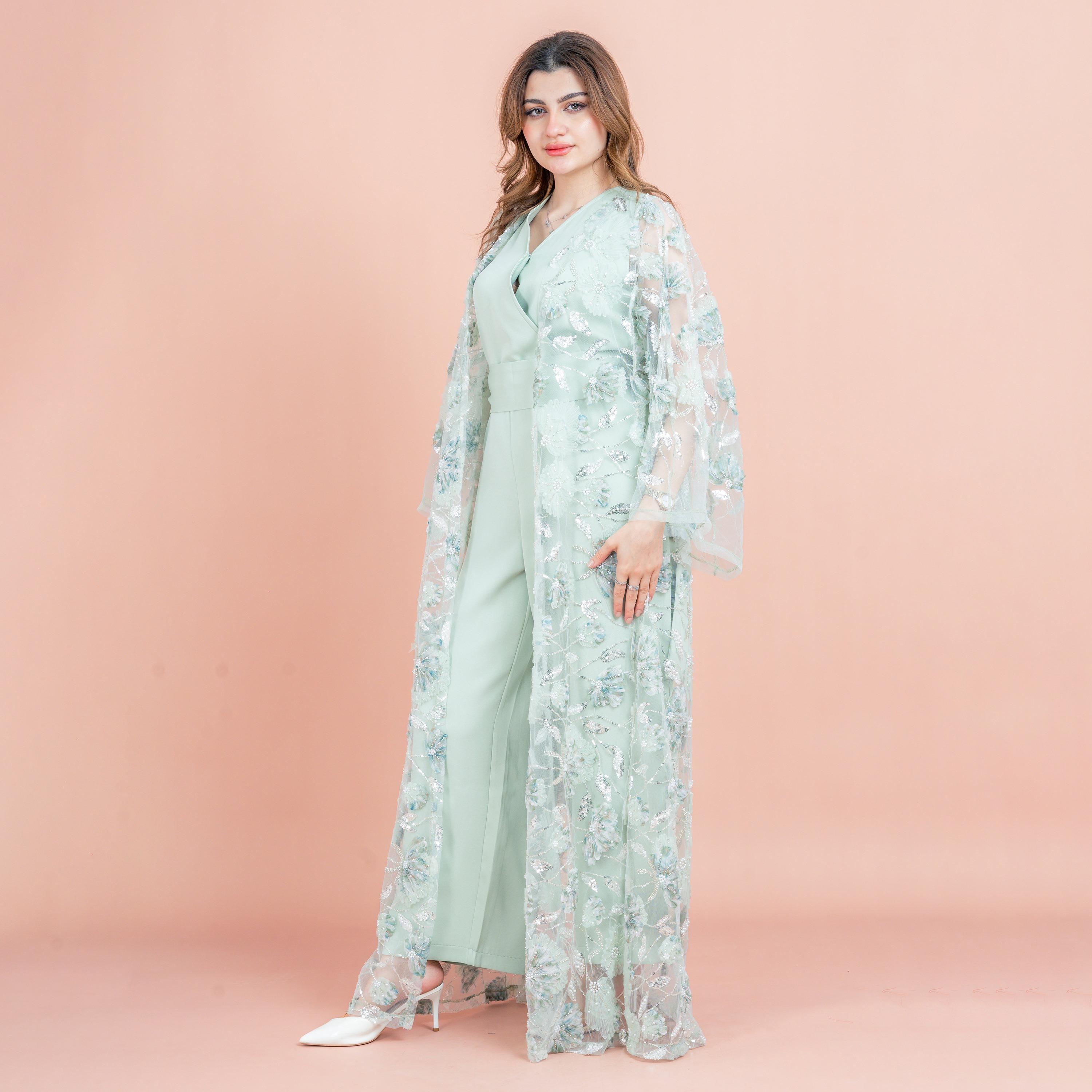 IKKXA 3-Piece Beaded & Sequined Flared Sleeves Mesh Women's Evening Fusion Abaya Set-women-arabicclothing-abayas-image-3