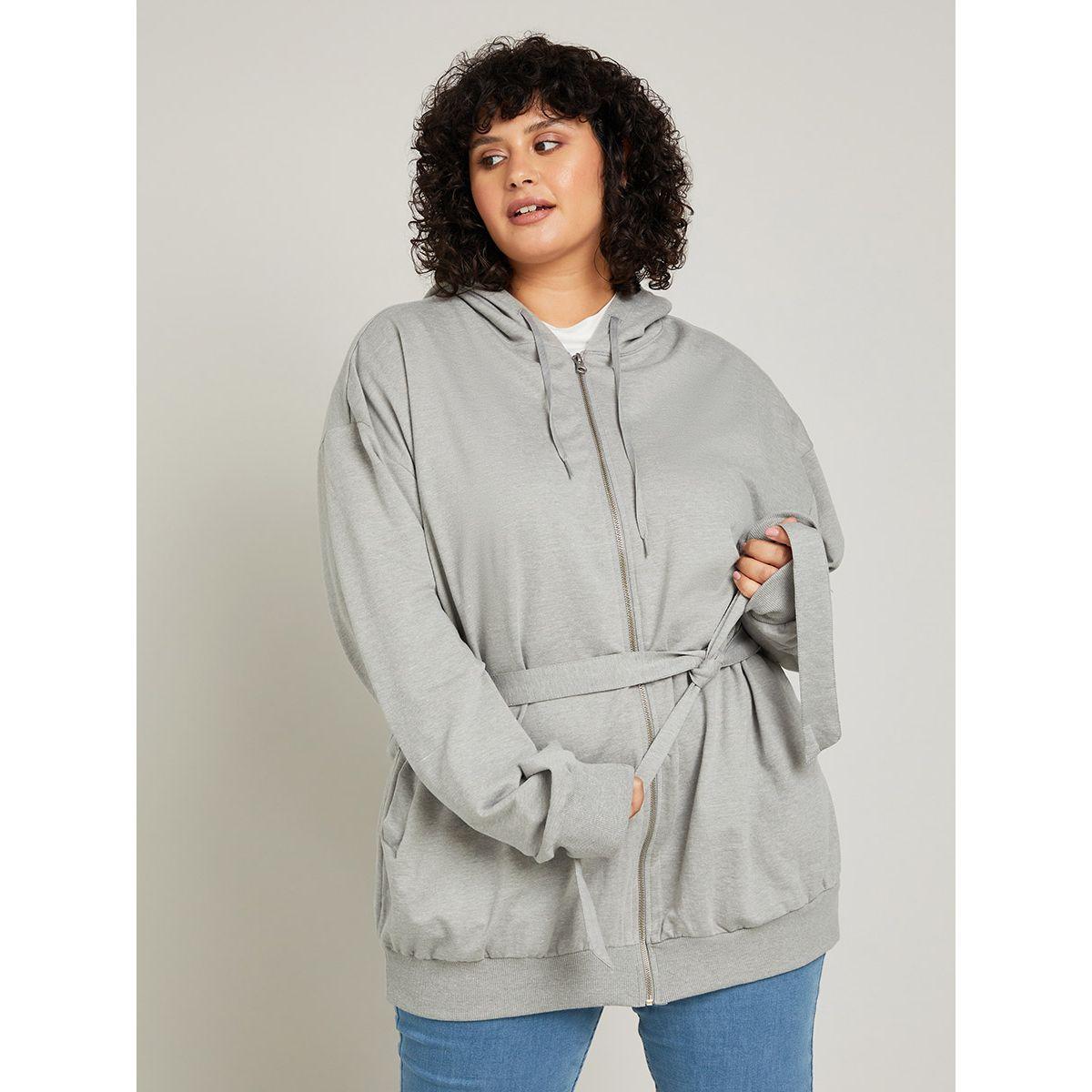 Styli Plus Self Tie Belt Zip Up Knit Hoodie-women-winterwear-hoodiesandsweatshirts-hoodies-image-1