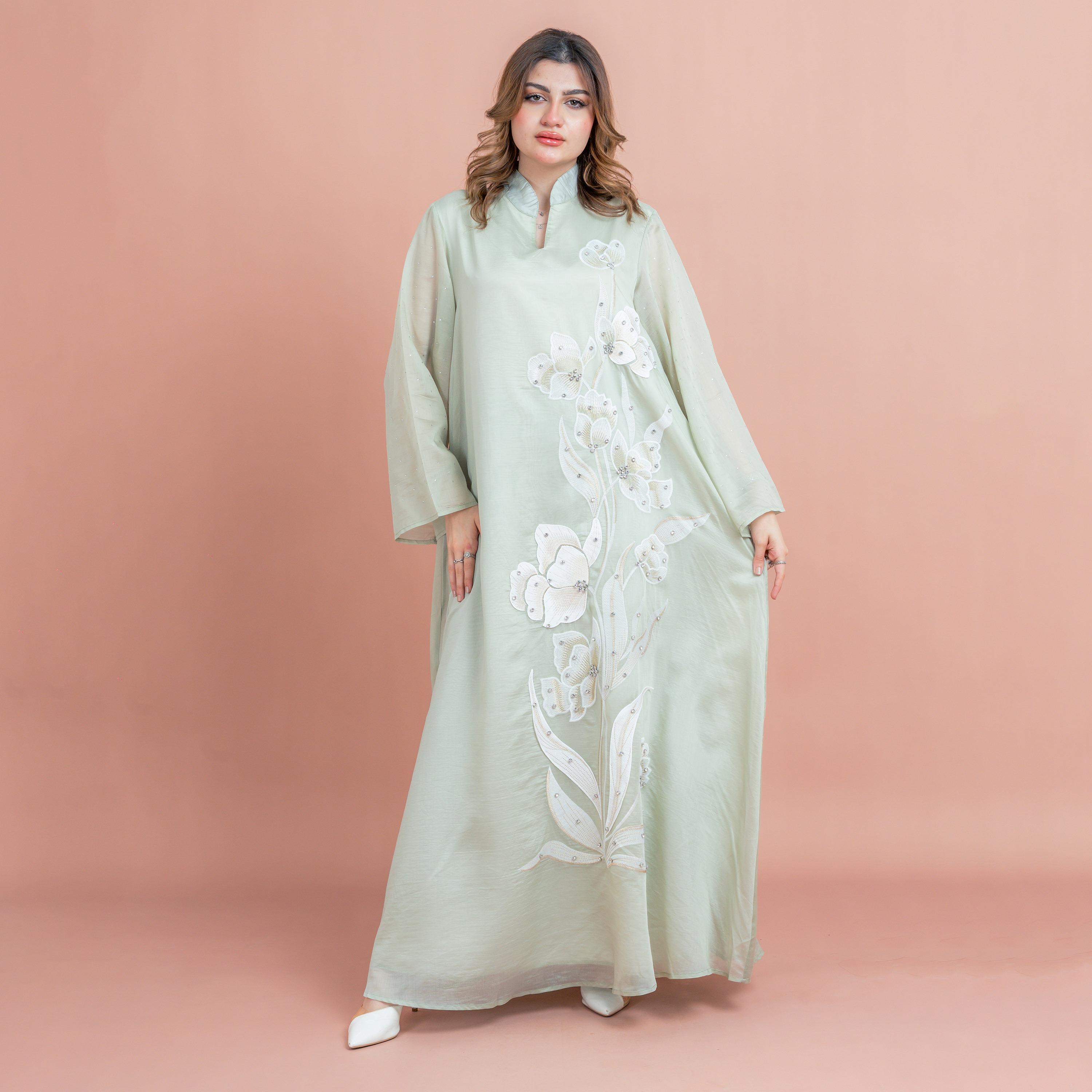 IKKXA Floral Embroidery with Rhinestone Work Mandarin Collar Wide Sleeves Women's Jalabiya-women-arabicclothing-jalabiyas-image-1