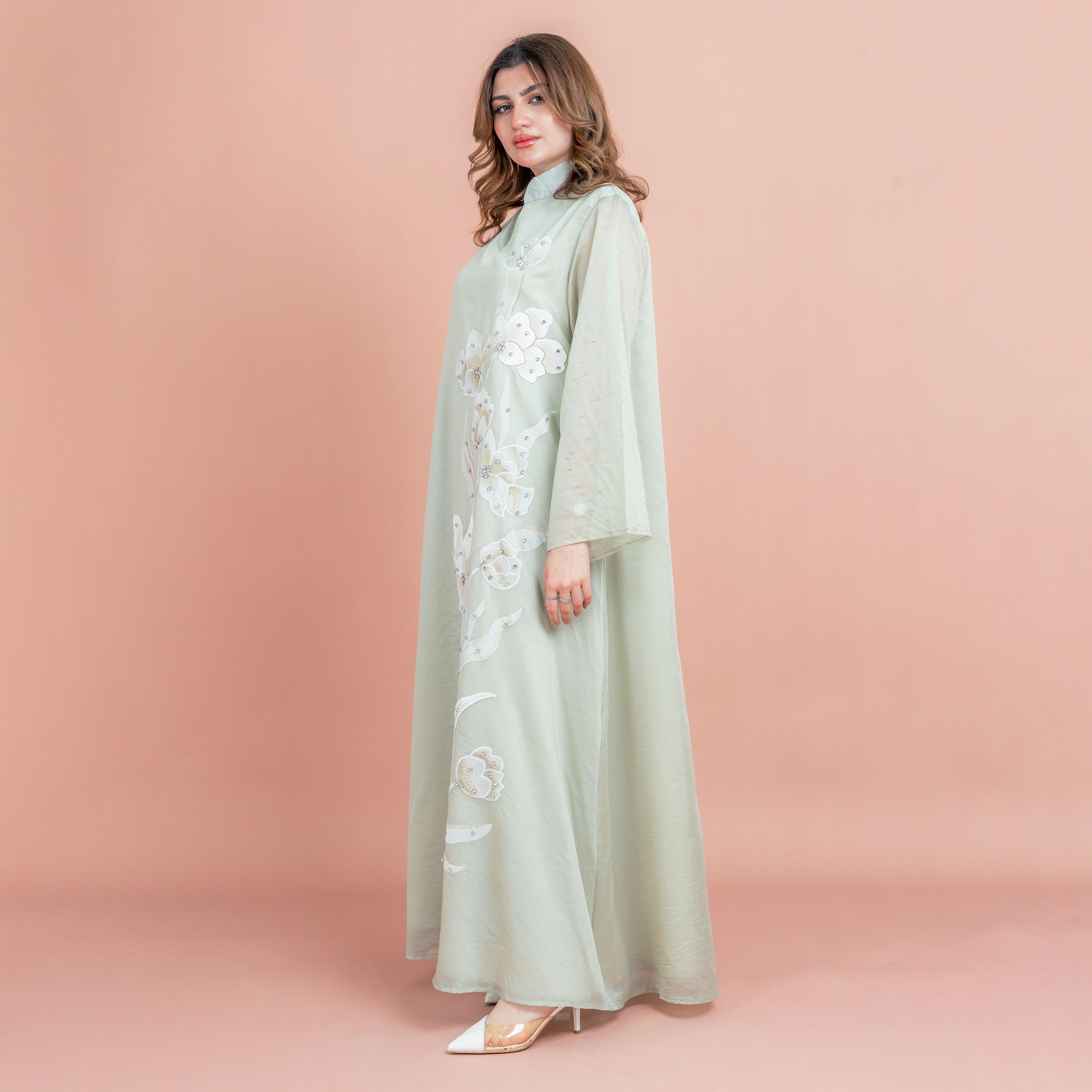 IKKXA Floral Embroidery with Rhinestone Work Mandarin Collar Wide Sleeves Women's Jalabiya-women-arabicclothing-jalabiyas-image-3