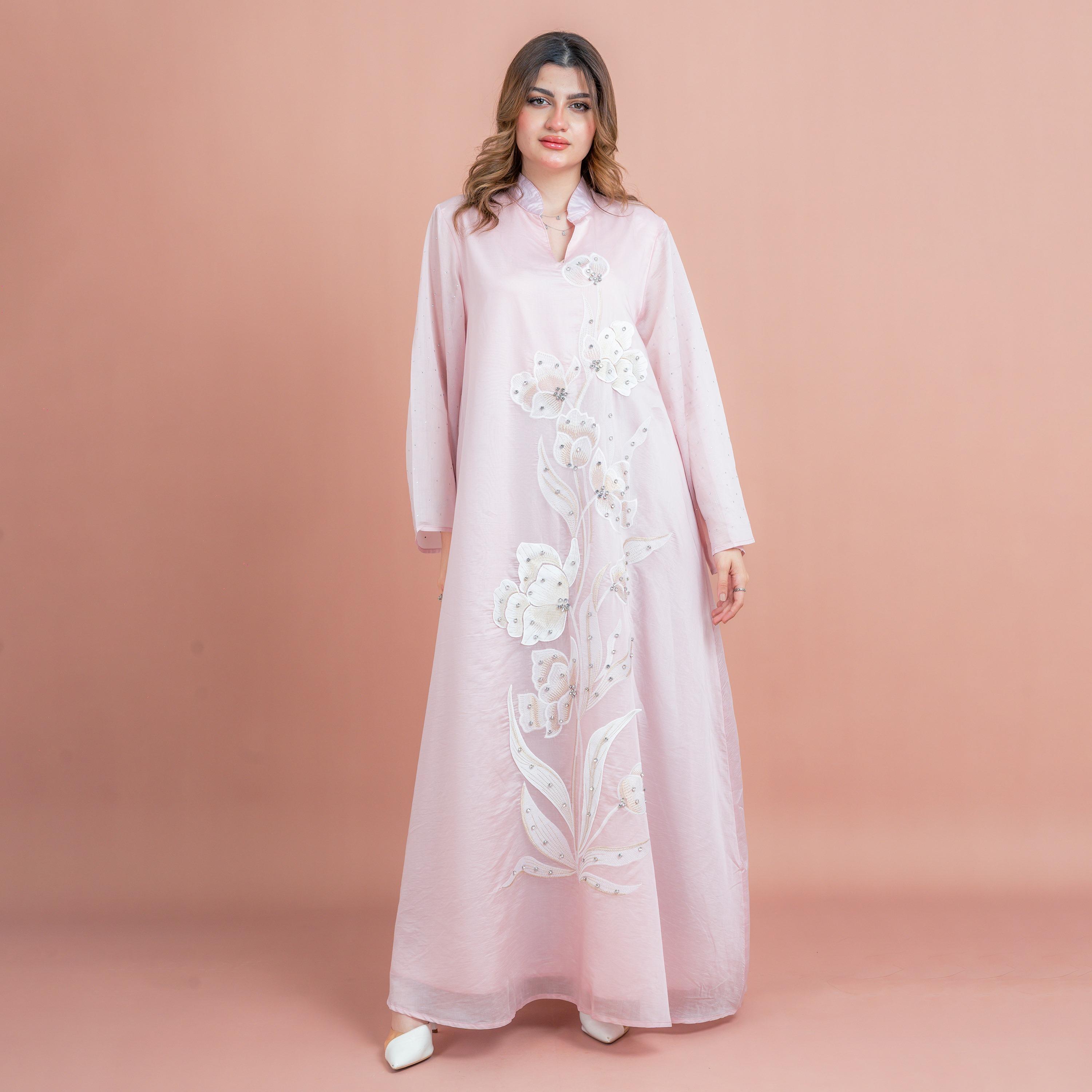 IKKXA Floral Embroidery with Rhinestone Work Mandarin Collar Wide Sleeves Women's Jalabiya-women-arabicclothing-jalabiyas-image-1