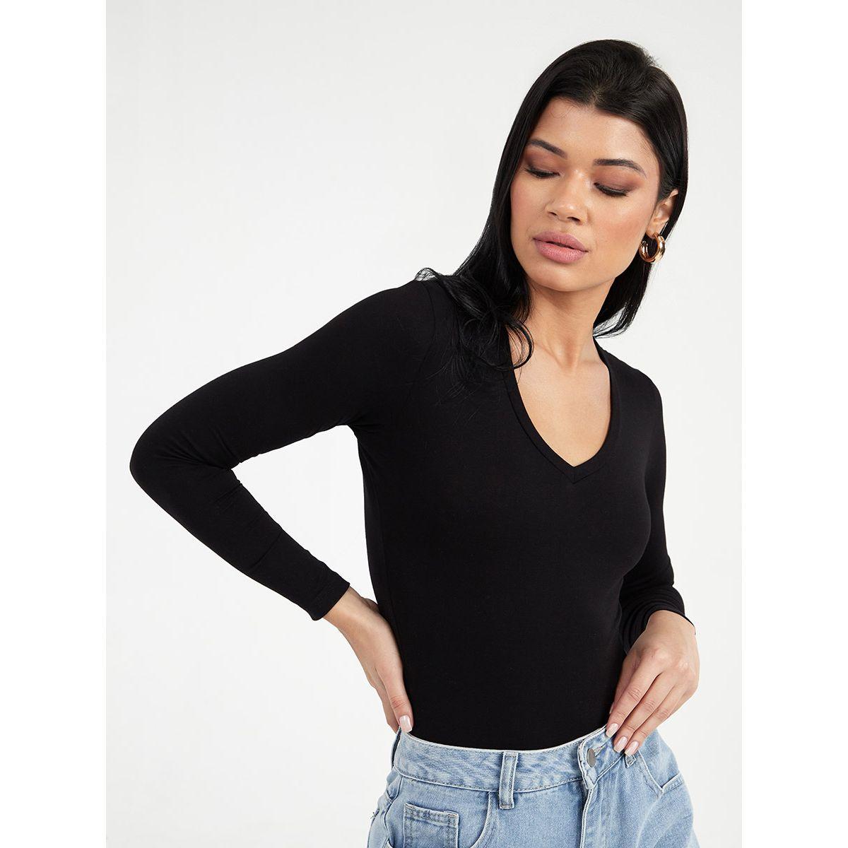 Styli Long Sleeves V Neck Fitted Bodysuit-women-clothing-tshirts-image-2