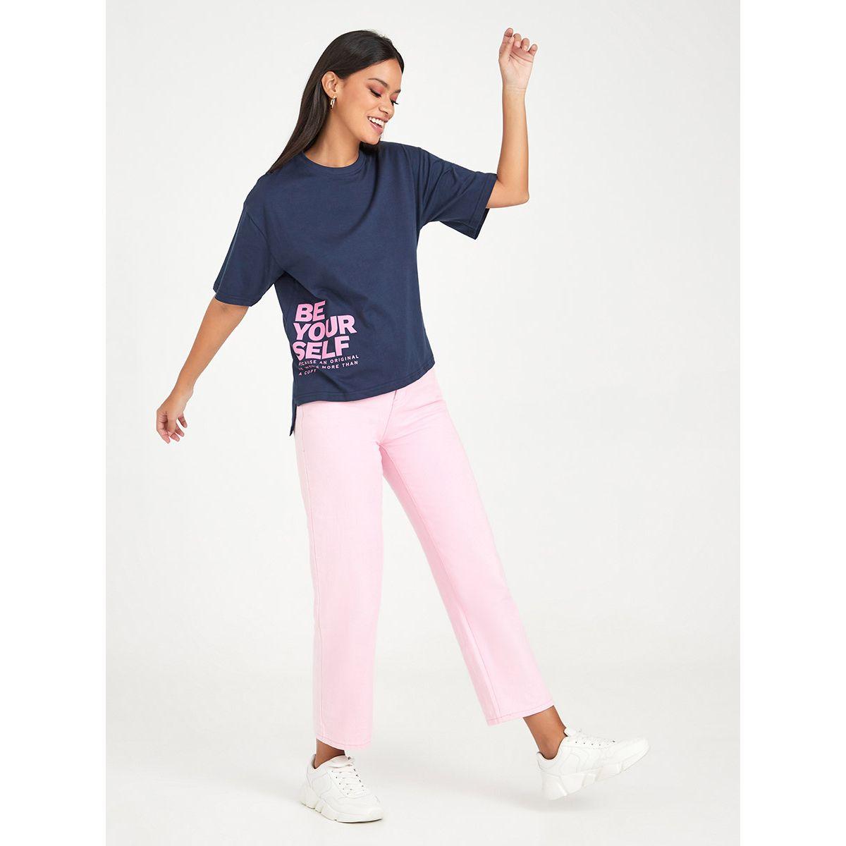 Styli Be Yourself Slogan Print Dip Hem Boxy Fit T-shirt-women-clothing-tshirts-image-2