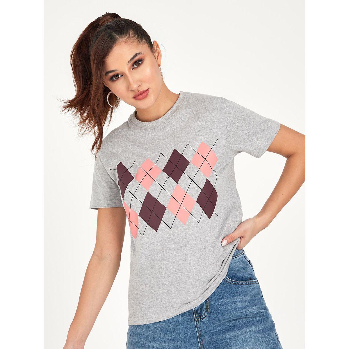 Styli Argyle Graphic Print Regular Fit T-shirt-women-clothing-tshirts-image-1