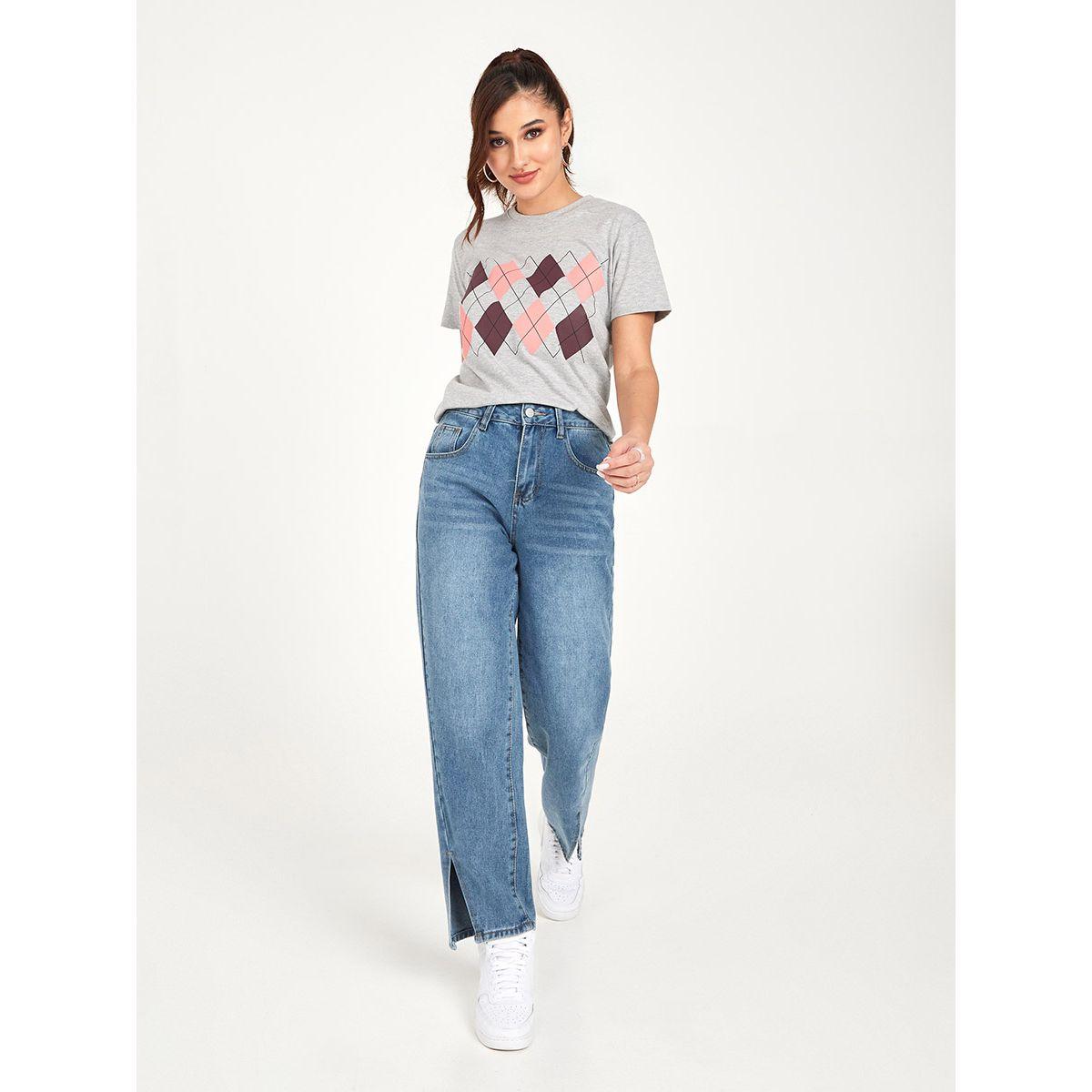 Styli Argyle Graphic Print Regular Fit T-shirt-women-clothing-tshirts-image-2
