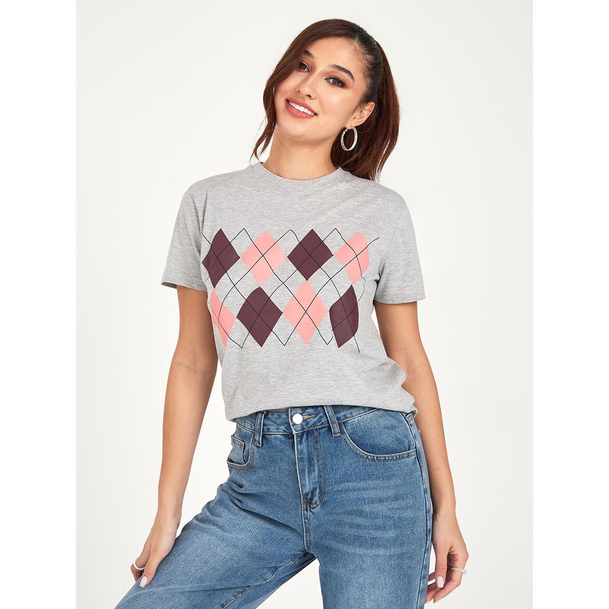 Styli Argyle Graphic Print Regular Fit T-shirt-women-clothing-tshirts-image-3