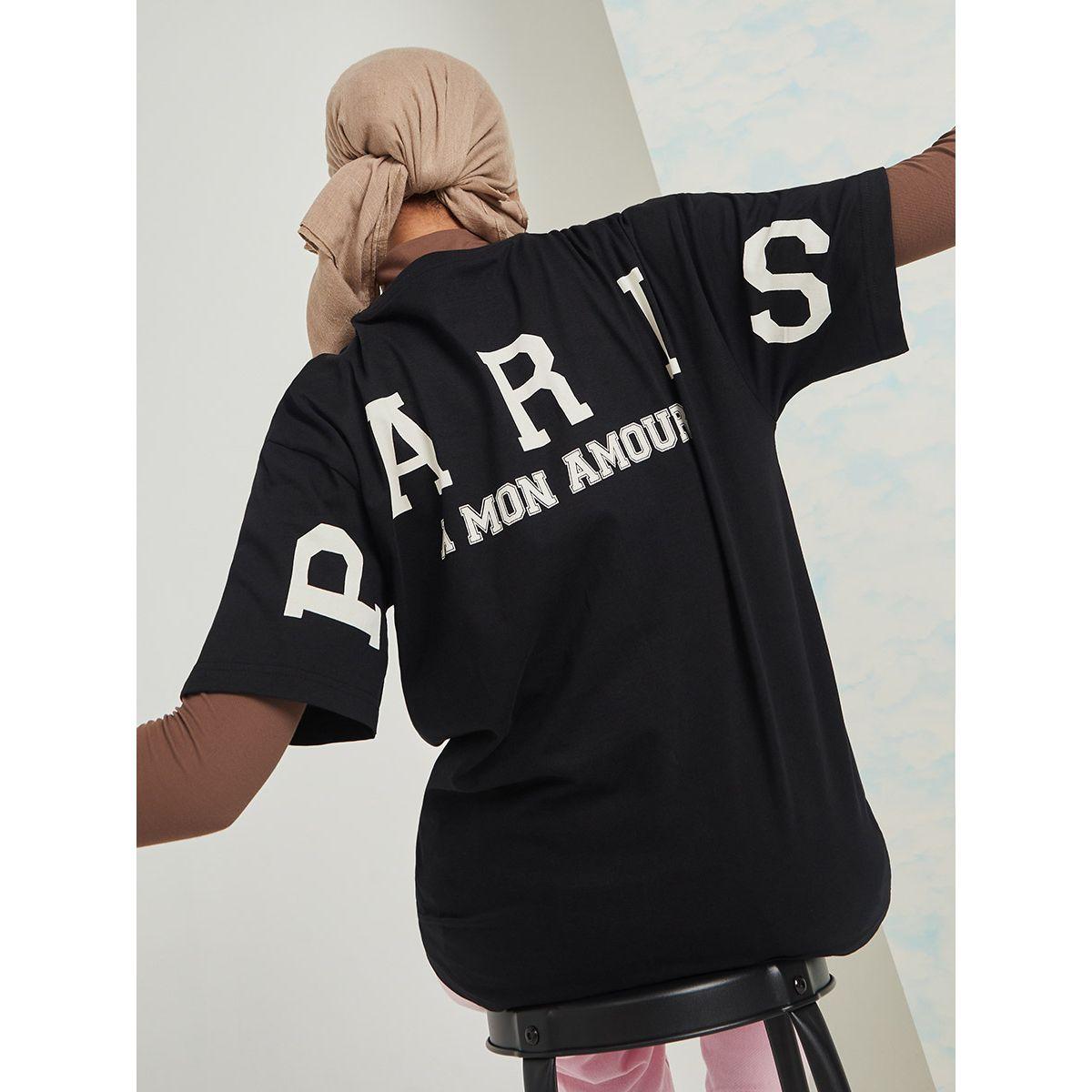 Styli Short Sleeves Paris Back Slogan Oversized Longline T-shirt-women-clothing-tshirts-image-1