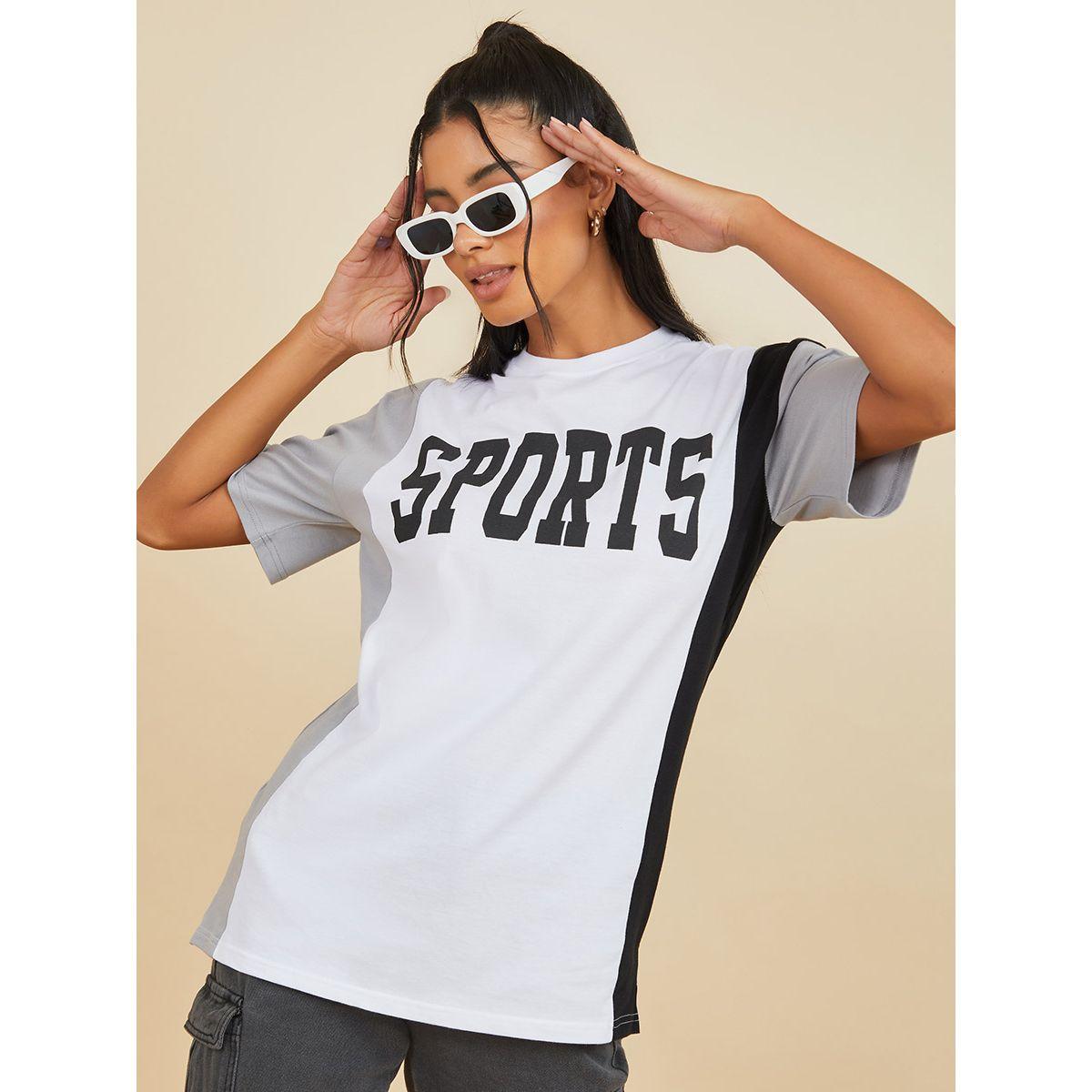 Styli Short Sleeves Sports Slogan Colorblock Oversized Longline T-shirt with Side Slit-women-clothing-tshirts-image-1