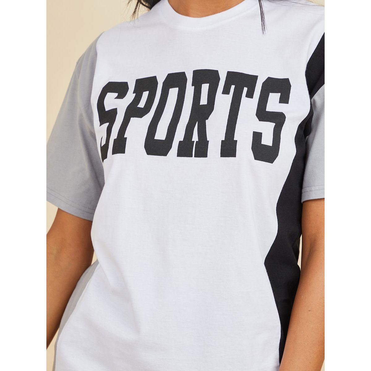 Styli Short Sleeves Sports Slogan Colorblock Oversized Longline T-shirt with Side Slit-women-clothing-tshirts-image-3