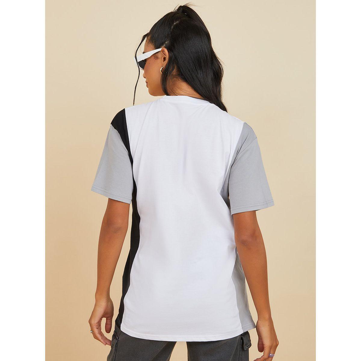 Styli Short Sleeves Sports Slogan Colorblock Oversized Longline T-shirt with Side Slit-women-clothing-tshirts-image-4