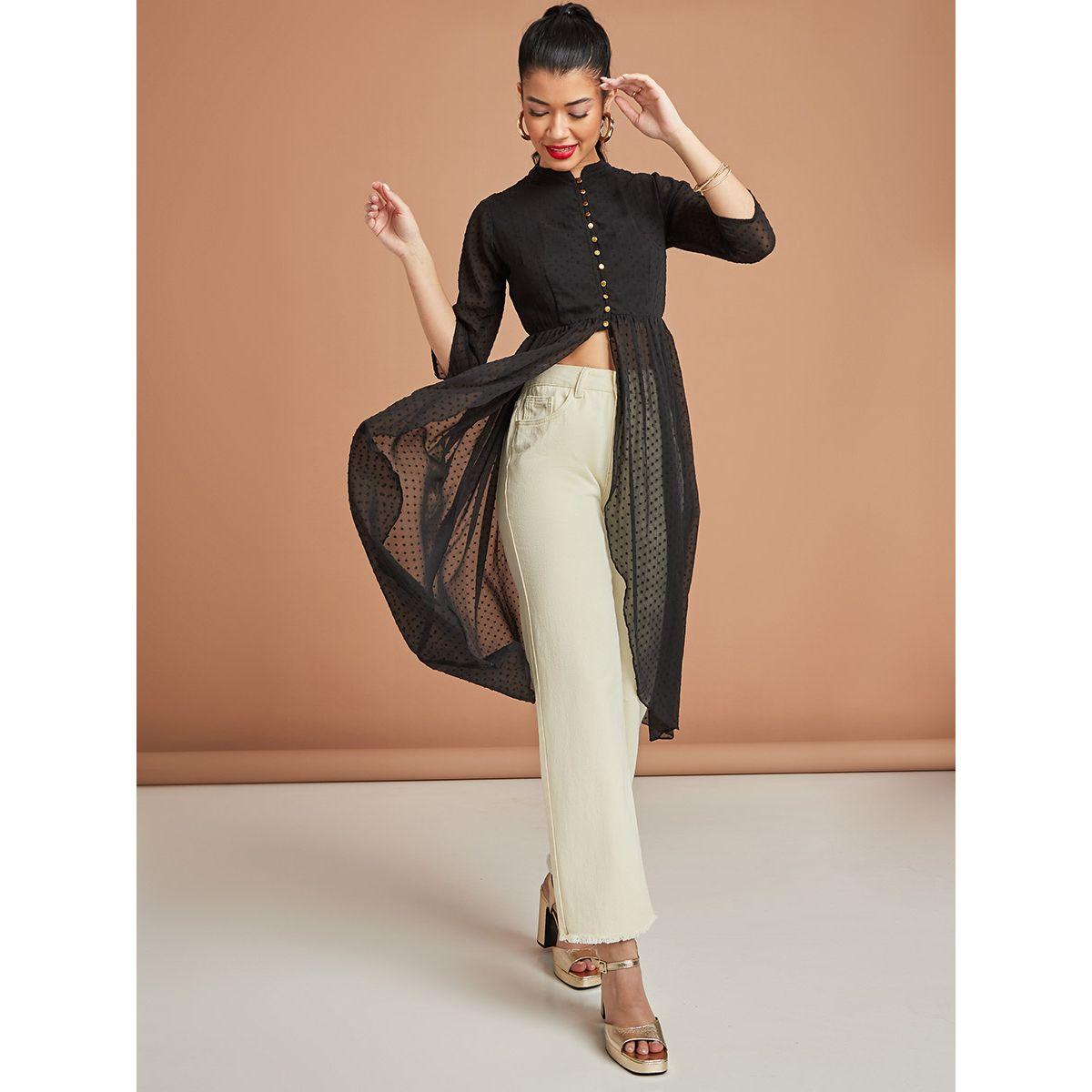 Styli 3/4 Sleeves Dobby Spot Asymmetric Longline Top with Button Detail-women-clothing-shirtsandblouses-blouses-image-1