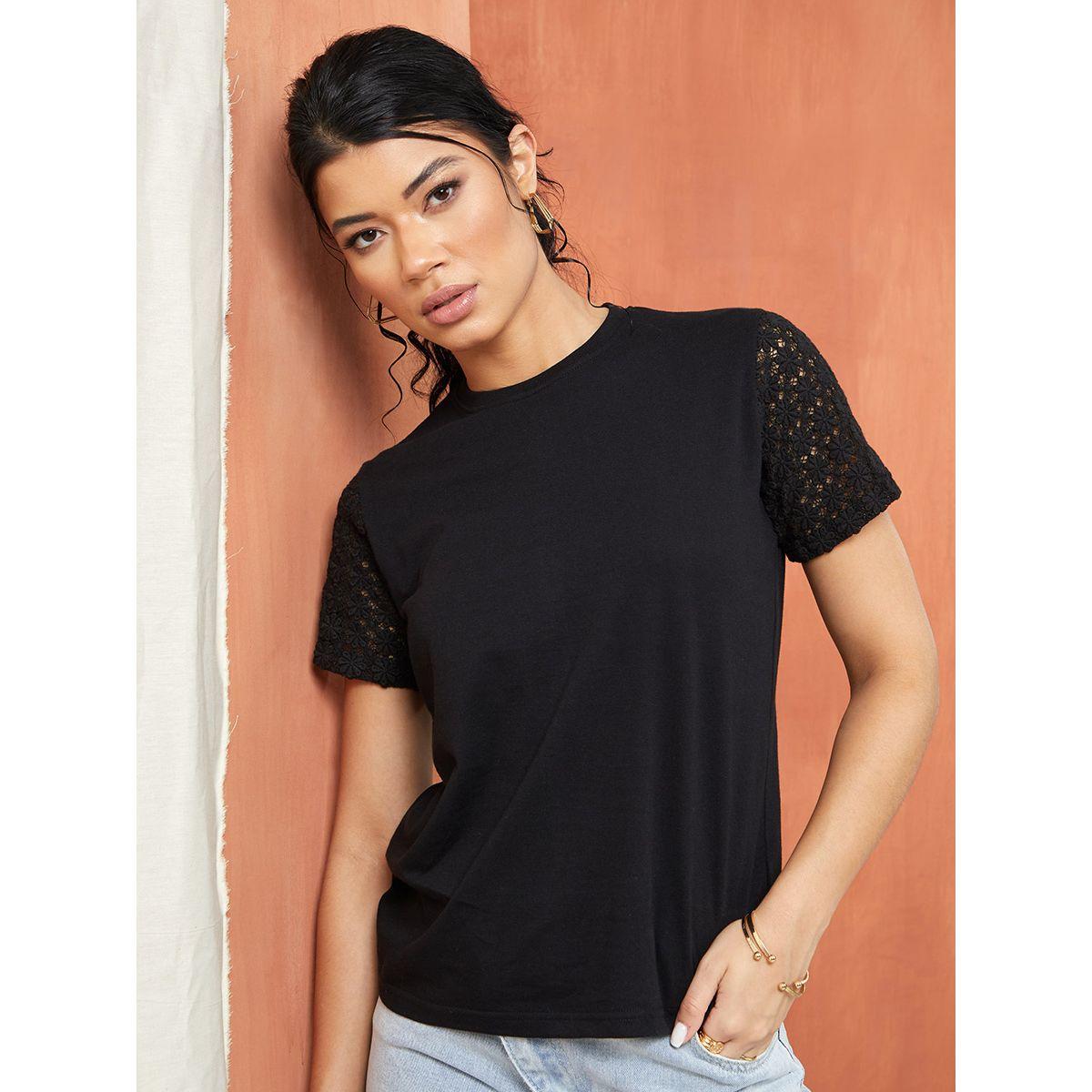 Styli Crochet Lace Sleeve Detail Cotton Regular Fit T-shirt-women-clothing-tshirts-image-1