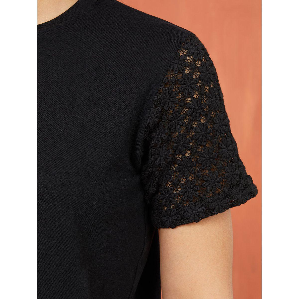 Styli Crochet Lace Sleeve Detail Cotton Regular Fit T-shirt-women-clothing-tshirts-image-3