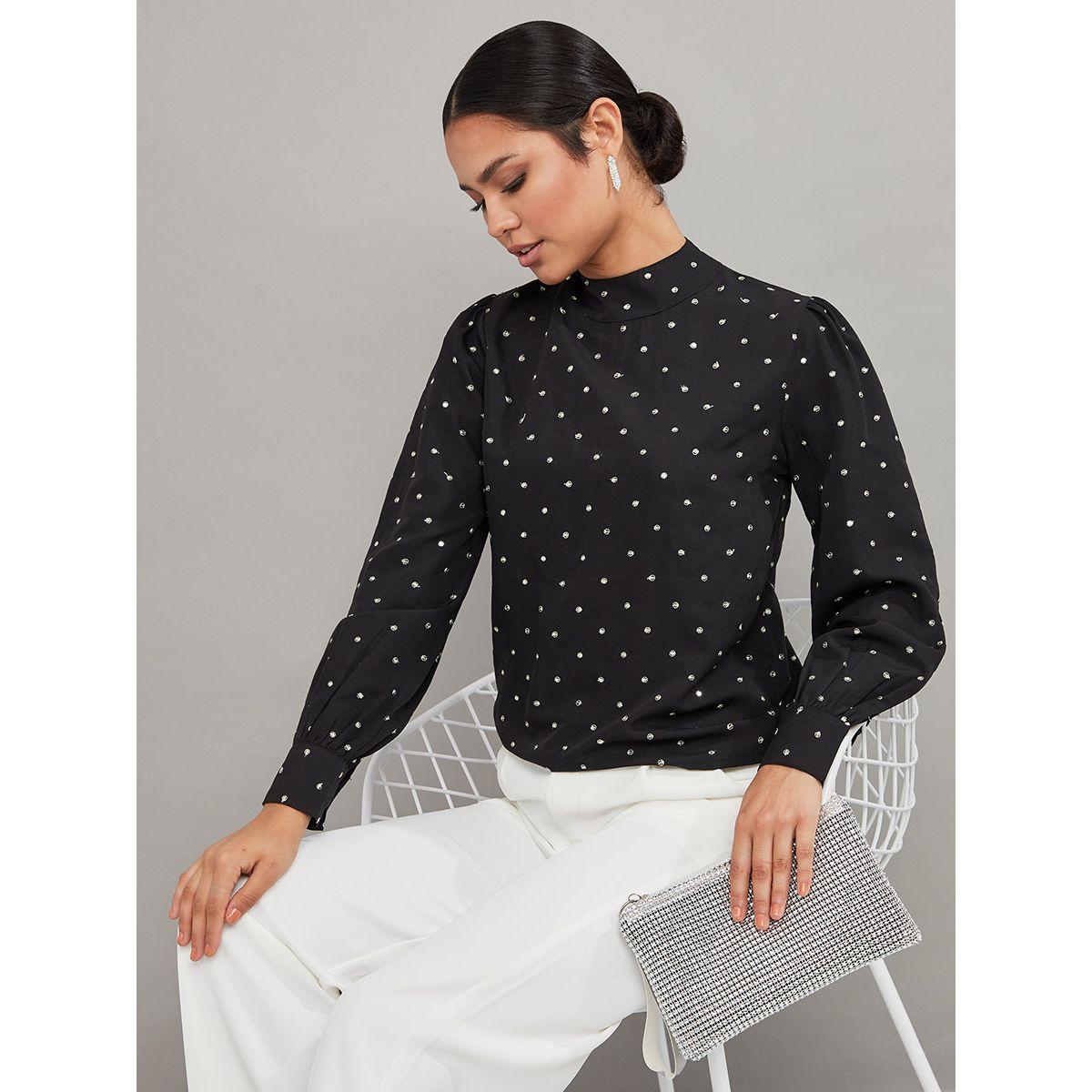 Styli Button Cuff Long Sleeves Sequin Detail High Neck Satin Blouse-women-clothing-shirtsandblouses-blouses-image-1