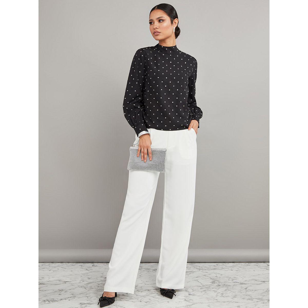 Styli Button Cuff Long Sleeves Sequin Detail High Neck Satin Blouse-women-clothing-shirtsandblouses-blouses-image-2