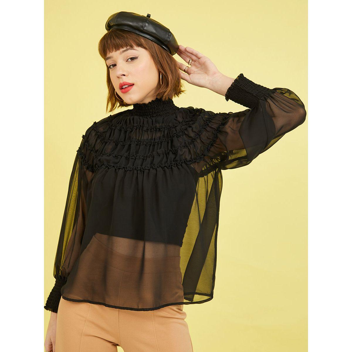 Styli Cuffed Sleeves High Neck Sheer Ruffled Blouse-women-clothing-shirtsandblouses-blouses-image-3