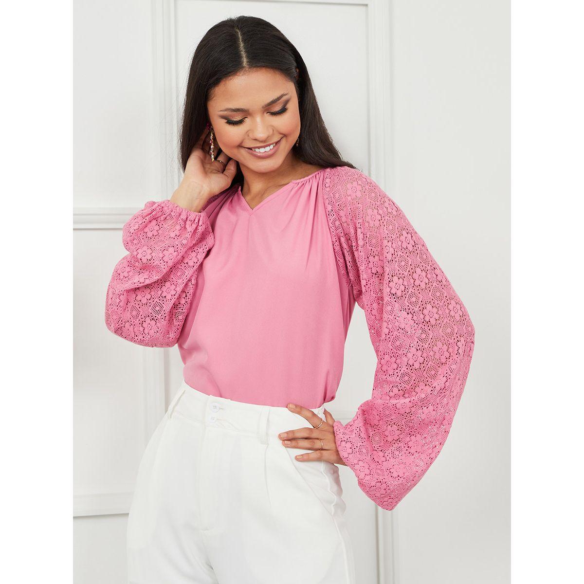 Styli Lace Balloon Sleeves V Neck Blouse-women-clothing-shirtsandblouses-blouses-image-1