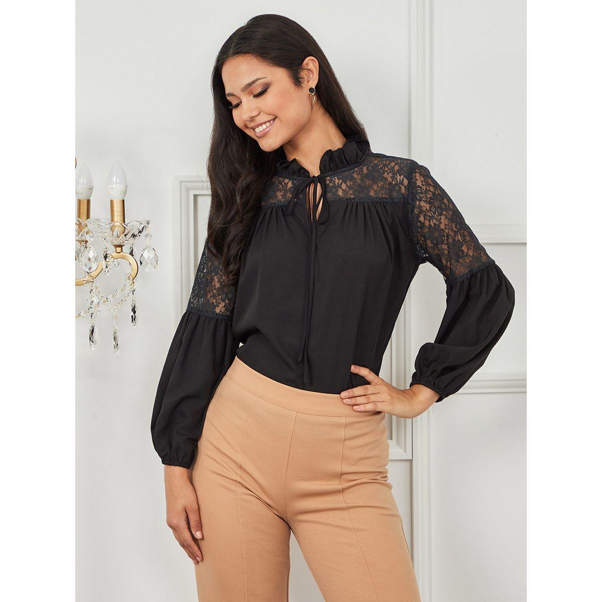 Styli Tie Up Neck Lace Insert Long Sleeves Blouse-women-clothing-shirtsandblouses-blouses-image-1