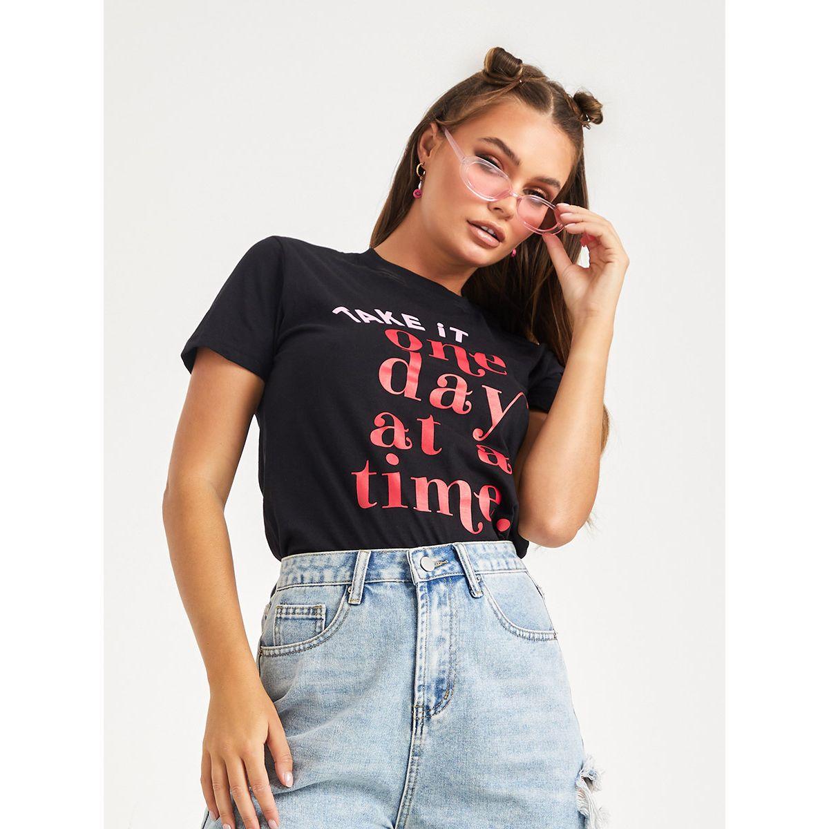 Styli Shorts Sleeves One Day At A Time Slogan Regular Fit T-shirt-women-clothing-tshirts-image-1
