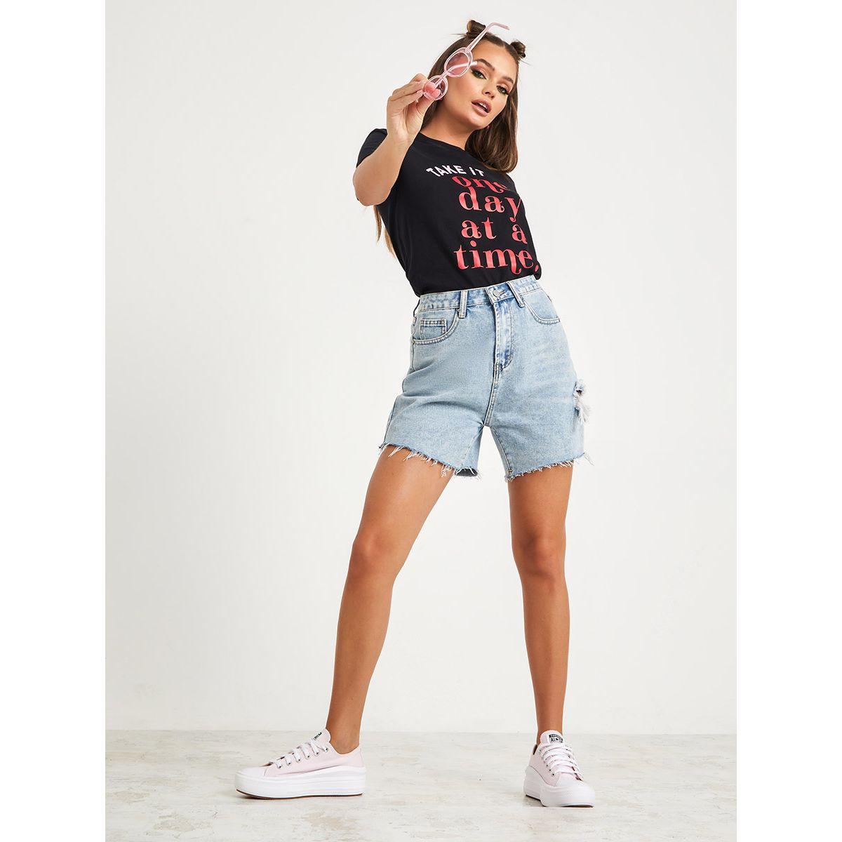 Styli Shorts Sleeves One Day At A Time Slogan Regular Fit T-shirt-women-clothing-tshirts-image-2