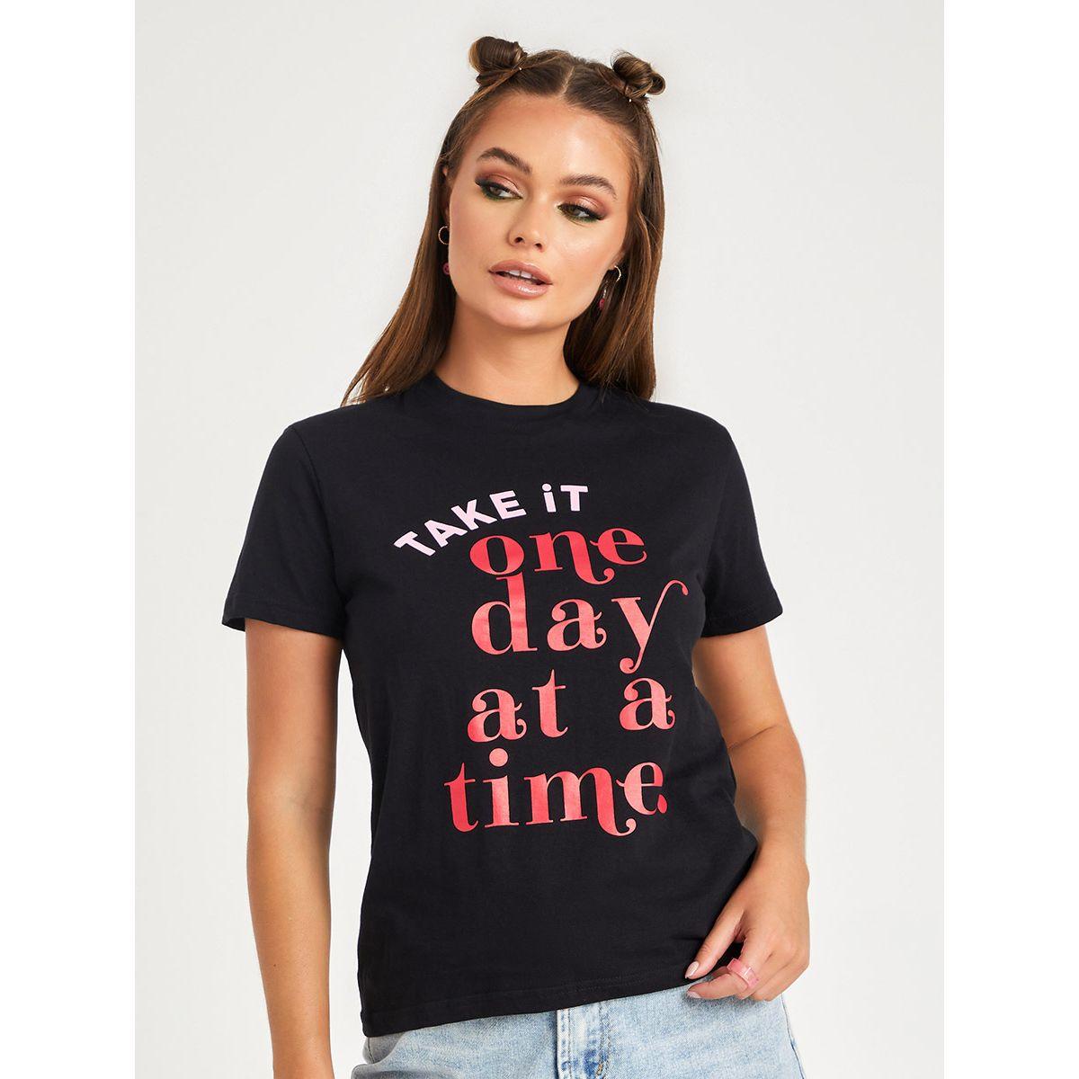 Styli Shorts Sleeves One Day At A Time Slogan Regular Fit T-shirt-women-clothing-tshirts-image-3