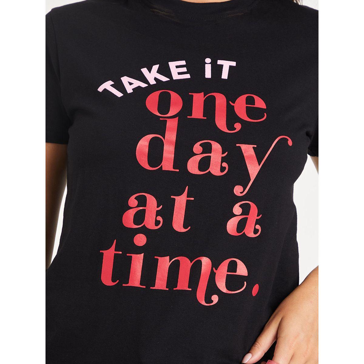 Styli Shorts Sleeves One Day At A Time Slogan Regular Fit T-shirt-women-clothing-tshirts-image-4