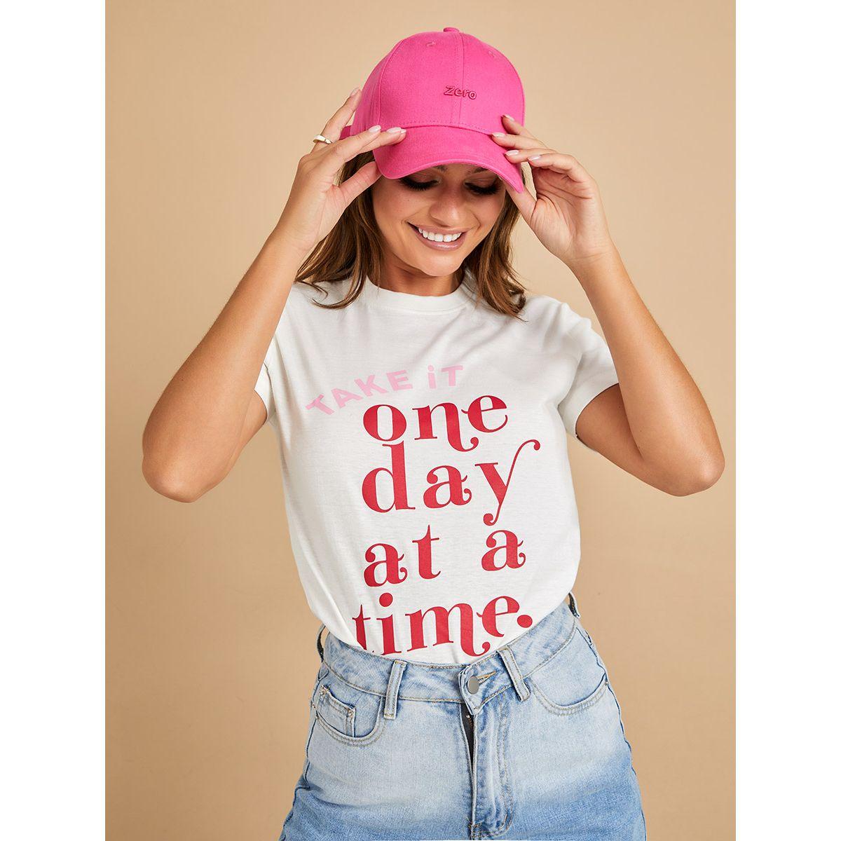 Styli Shorts Sleeves One Day At A Time Slogan Regular Fit T-shirt-women-clothing-tshirts-image-1