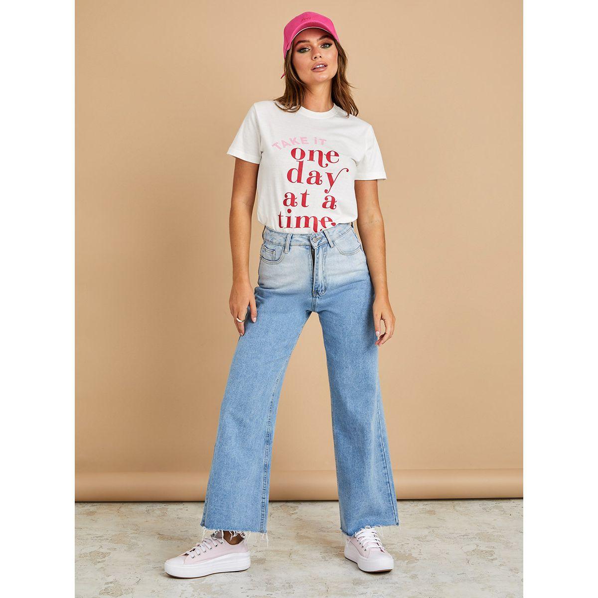 Styli Shorts Sleeves One Day At A Time Slogan Regular Fit T-shirt-women-clothing-tshirts-image-2