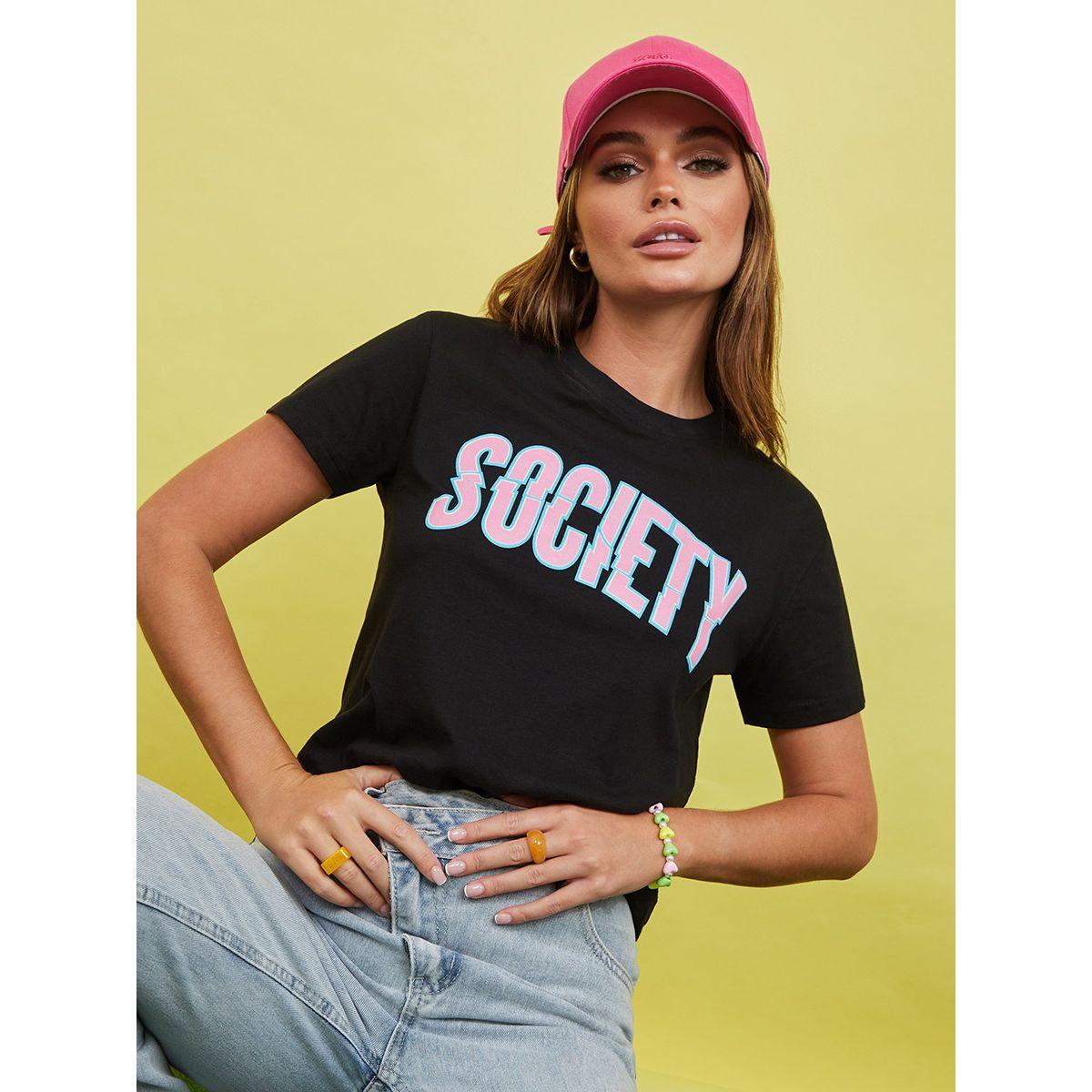 Styli Shorts Sleeves Society Slogan Regular Fit T-shirt-women-clothing-tshirts-image-1