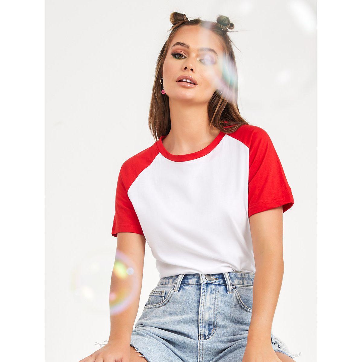 Styli Contrast Raglan Sleeves Cotton Regular Fit T-shirt-women-clothing-tshirts-image-1