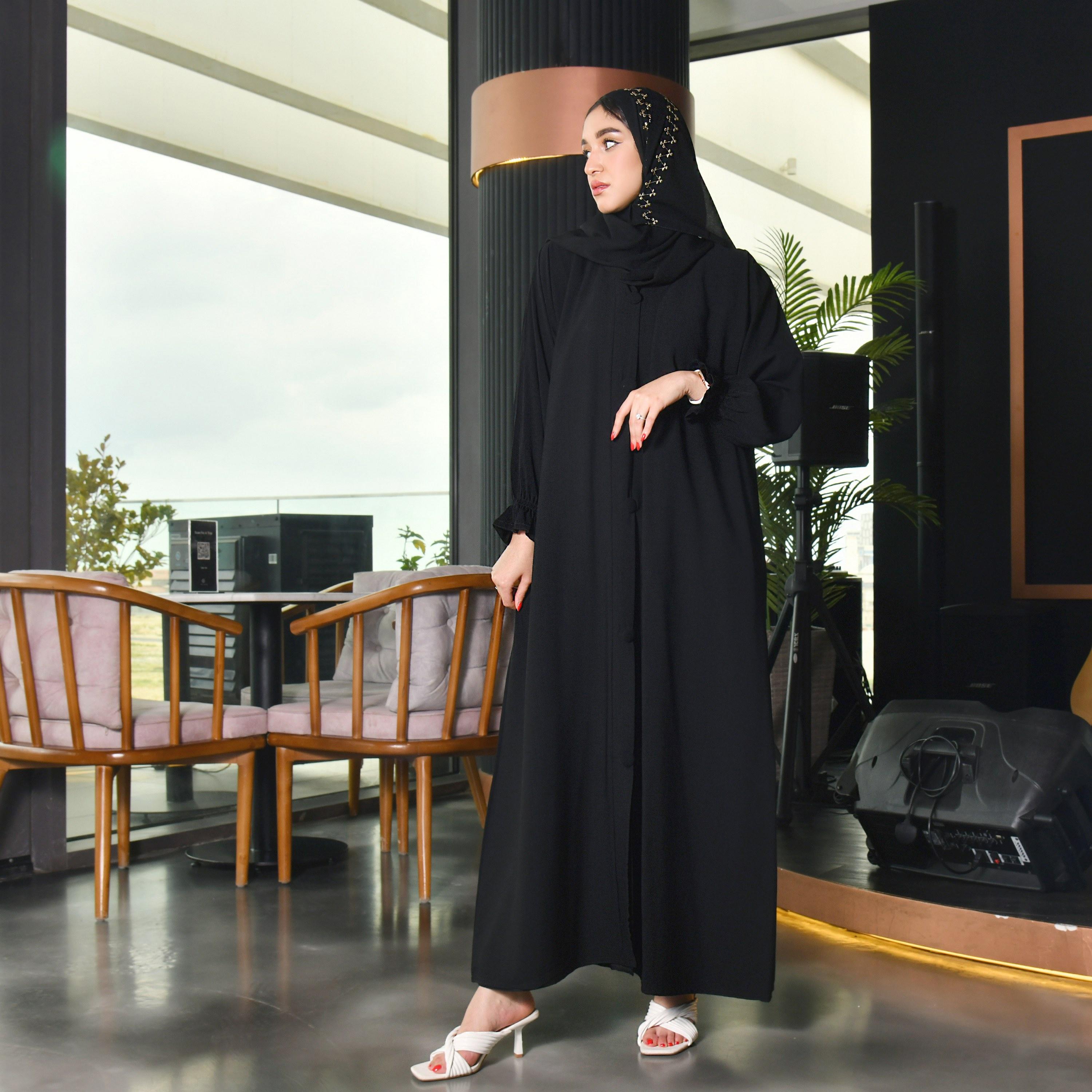 Hawraa Black Gathered Sleeves Crepe Women Abaya with Hijab-women-arabicclothing-abayas-image-1