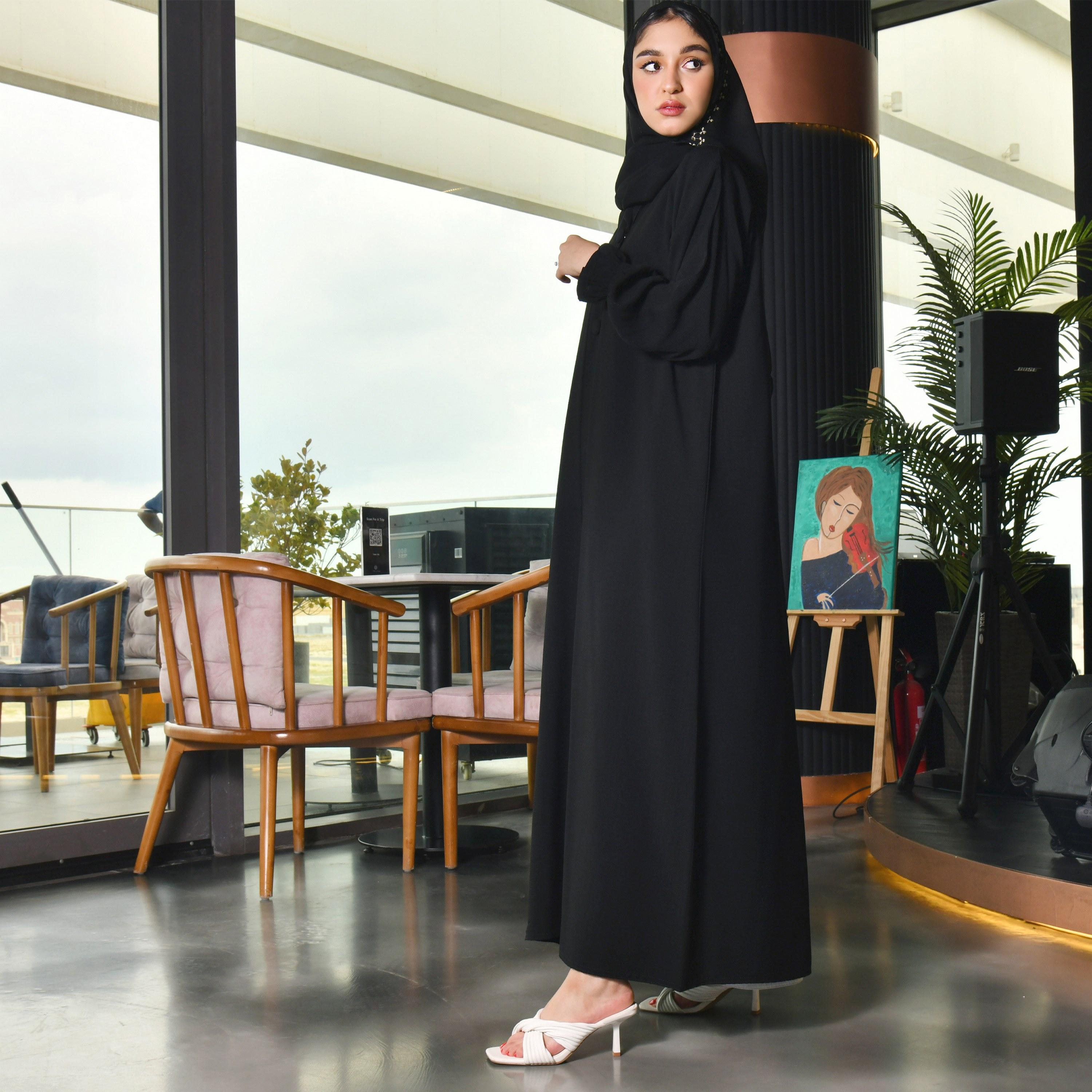 Hawraa Black Gathered Sleeves Crepe Women Abaya with Hijab-women-arabicclothing-abayas-image-5