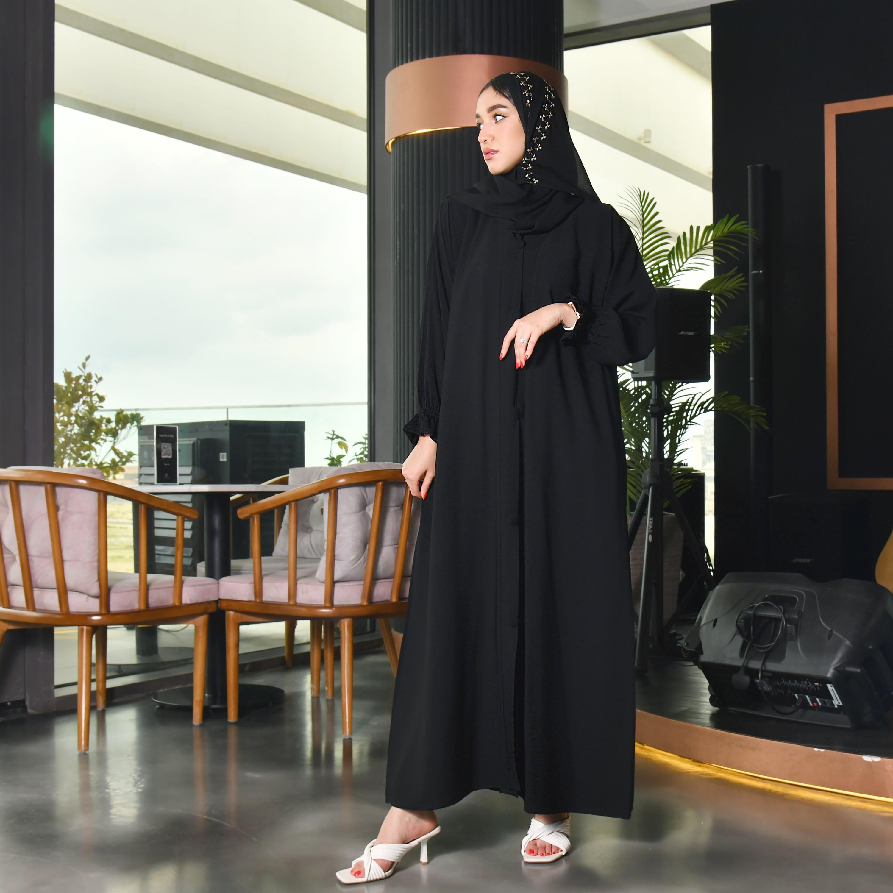 Hawraa Black Gathered Sleeves Crepe Abaya with Embroidered Hijab-women-arabicclothing-abayas-image-3