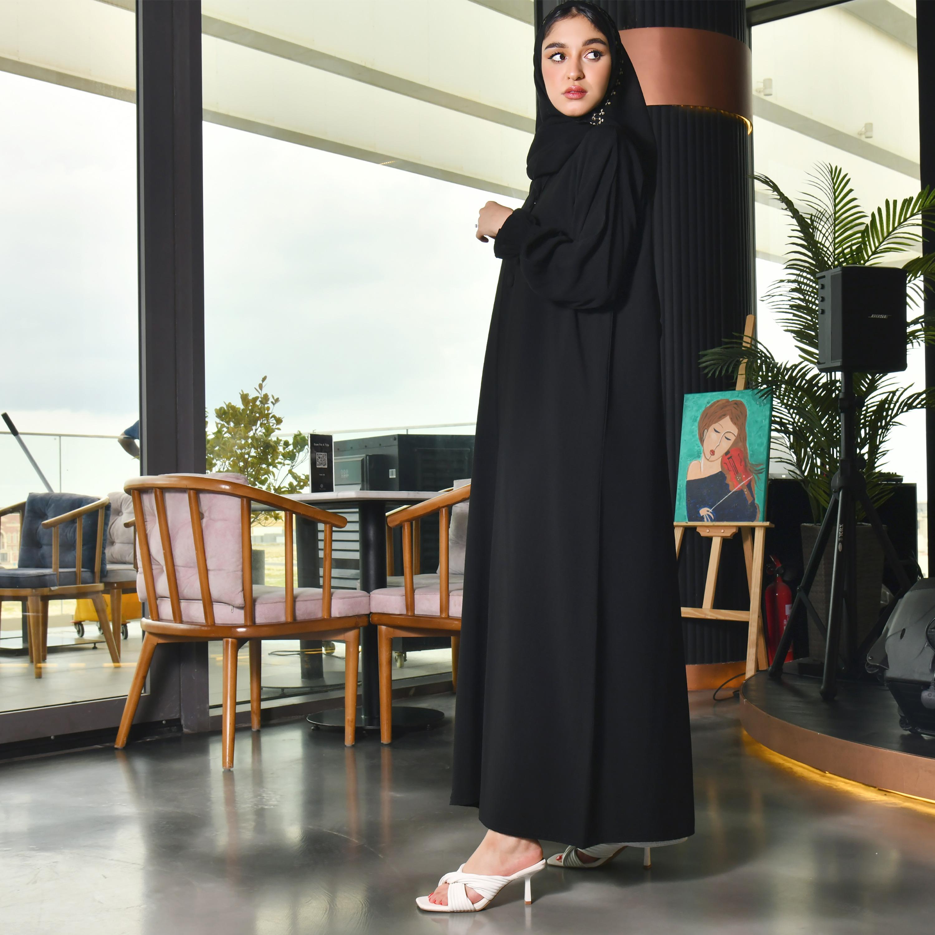 Hawraa Black Gathered Sleeves Crepe Abaya with Embroidered Hijab-women-arabicclothing-abayas-image-4