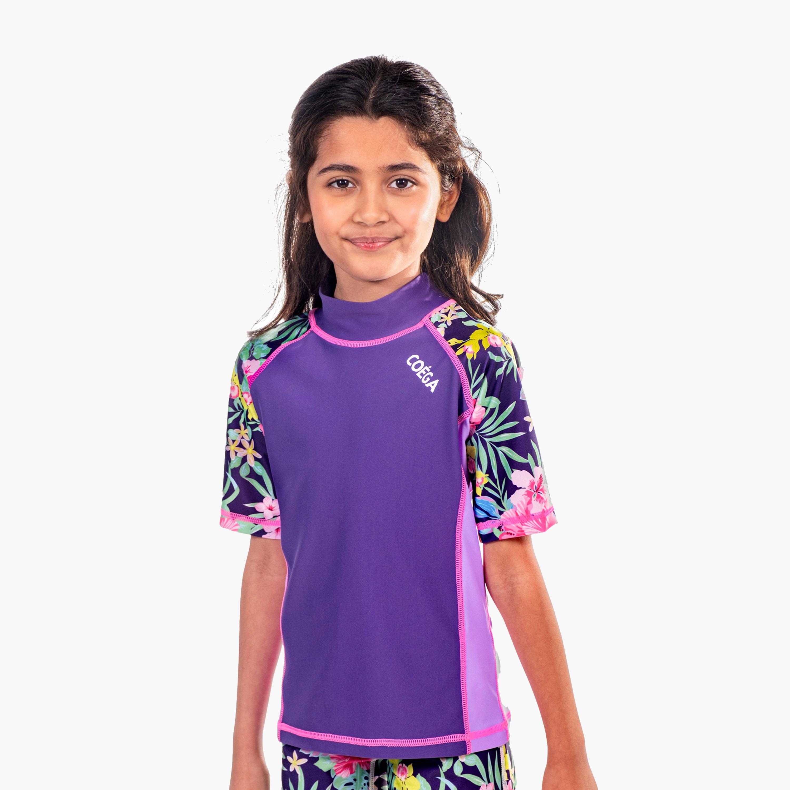 COEGA Girls Kids Rashguard Short Sleeve - Purple Blue Tropical-sports-gear-swimming-girl-image-1