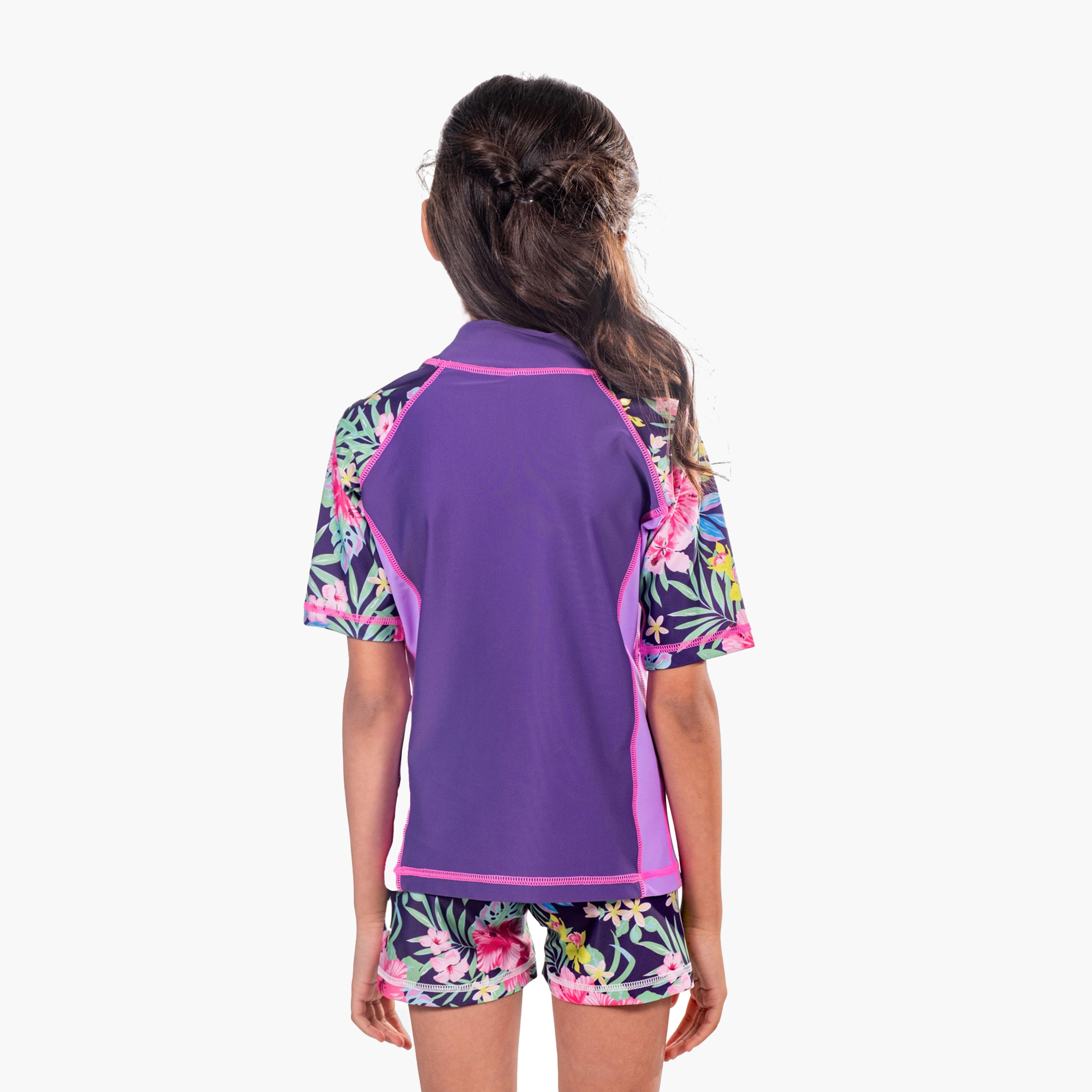 COEGA Girls Kids Rashguard Short Sleeve - Purple Blue Tropical-sports-gear-swimming-girl-image-2