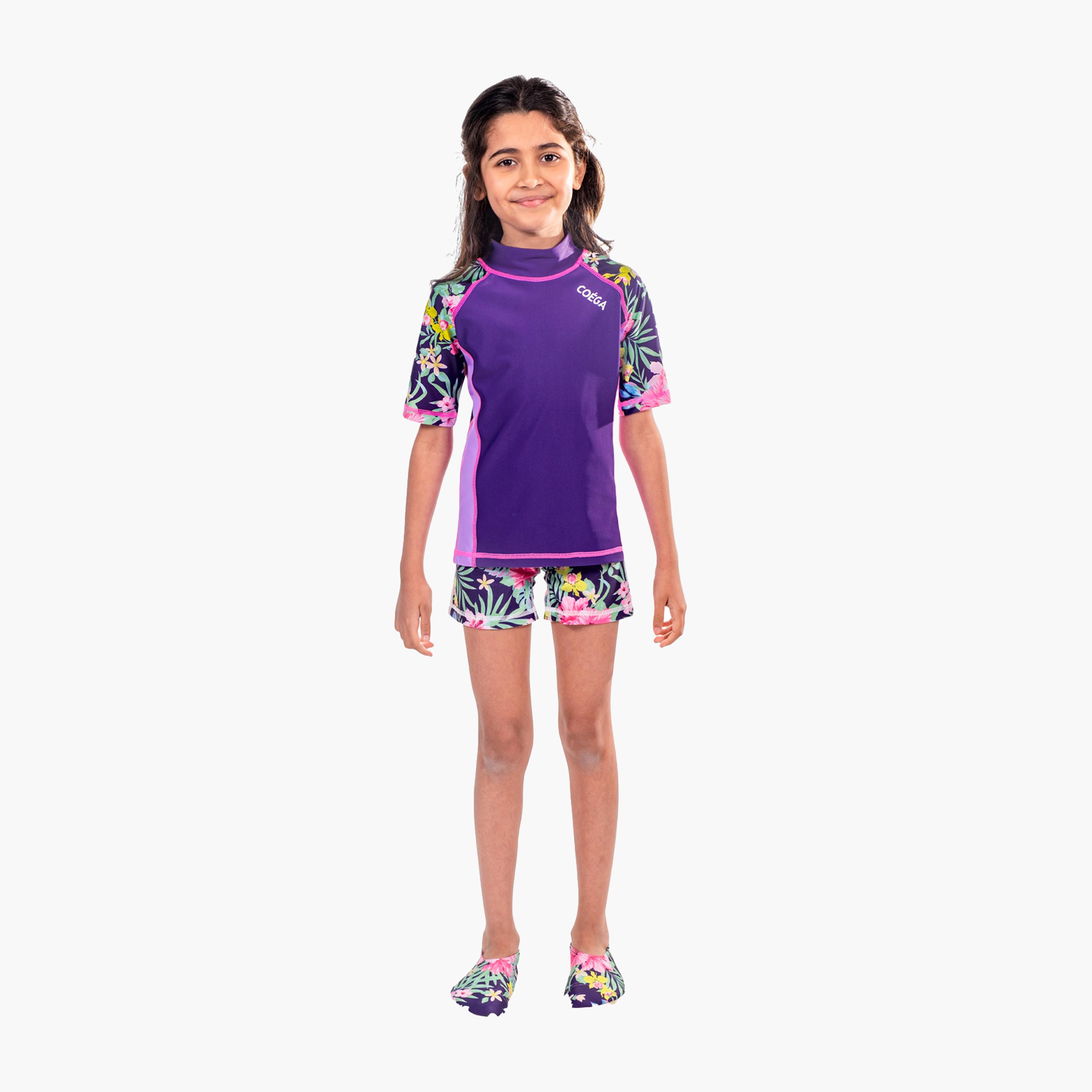 COEGA Girls Kids Rashguard Short Sleeve - Purple Blue Tropical-sports-gear-swimming-girl-image-3