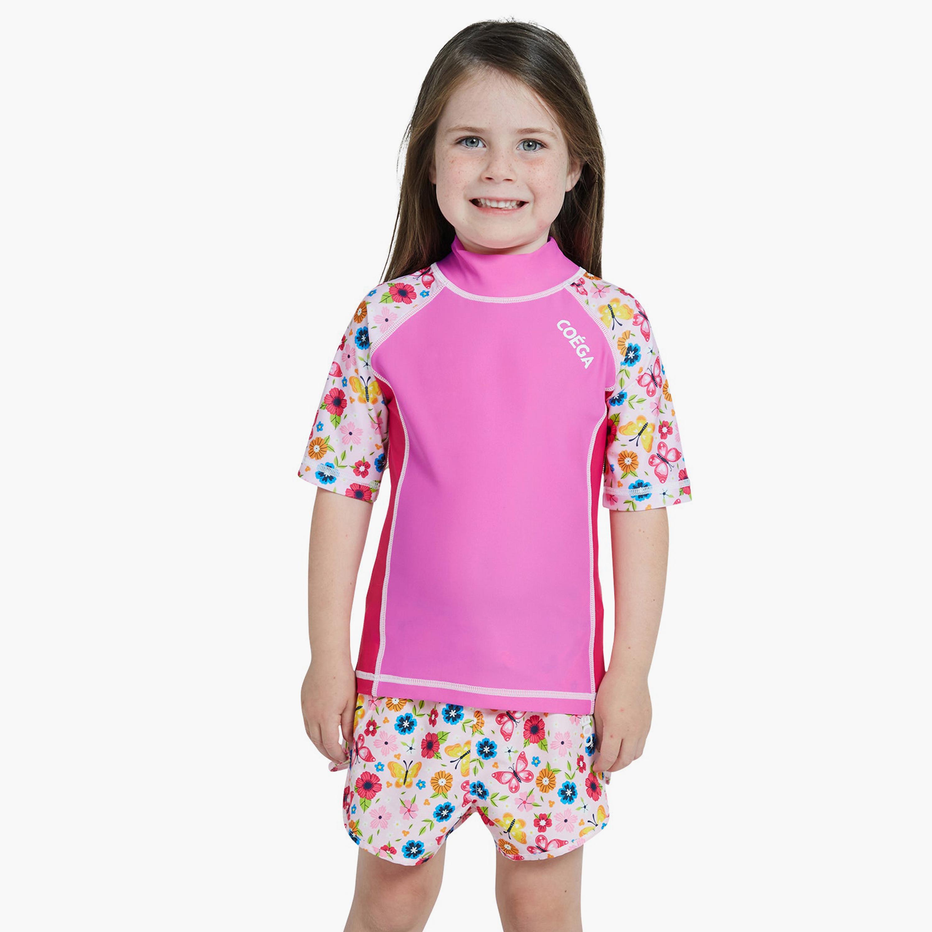 COEGA Girl's Short Sleeve Rashguard, Pink Rosy Flowers-sports-girls-clothing-swimwear-image-1