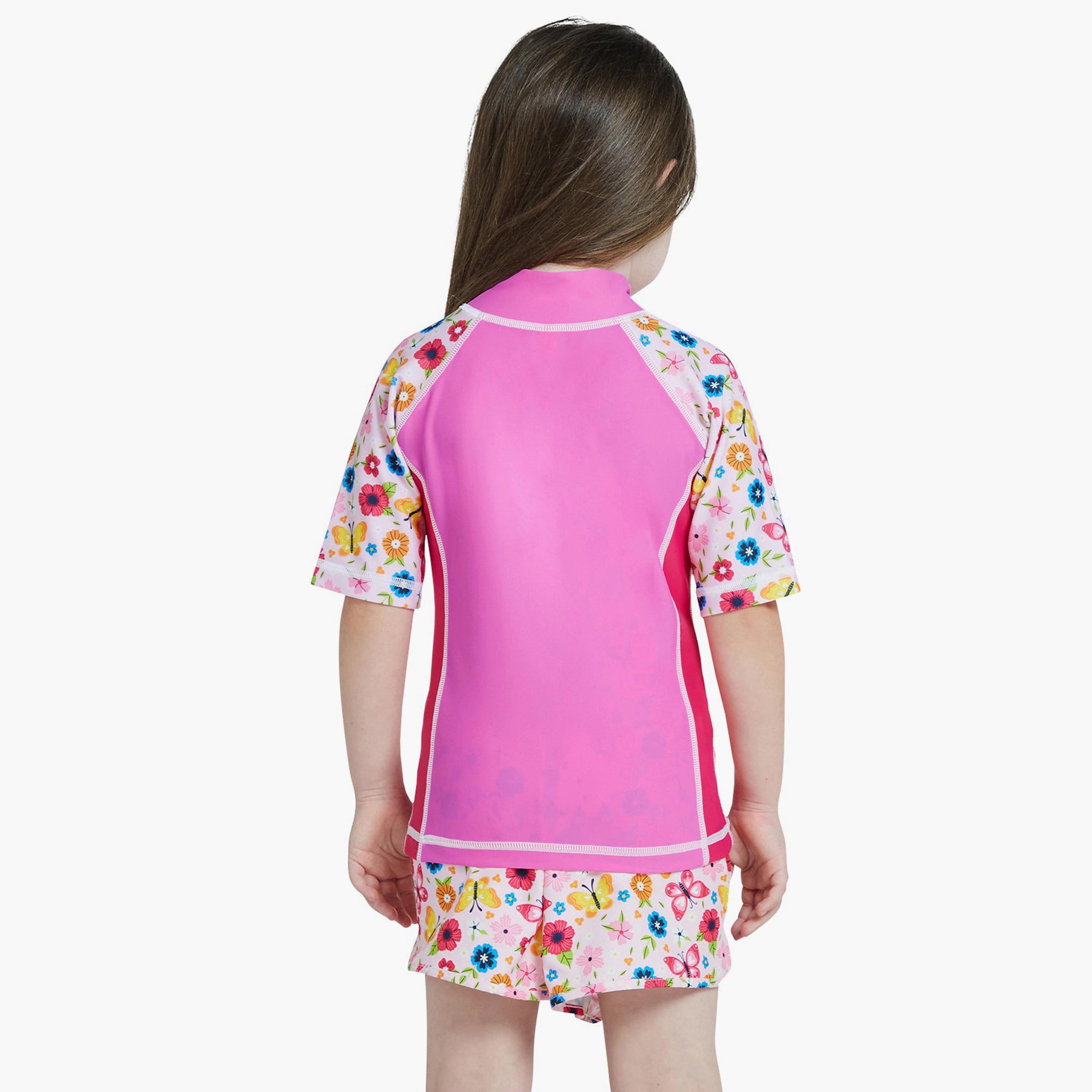 COEGA Girl's Short Sleeve Rashguard, Pink Rosy Flowers-sports-girls-clothing-swimwear-image-2