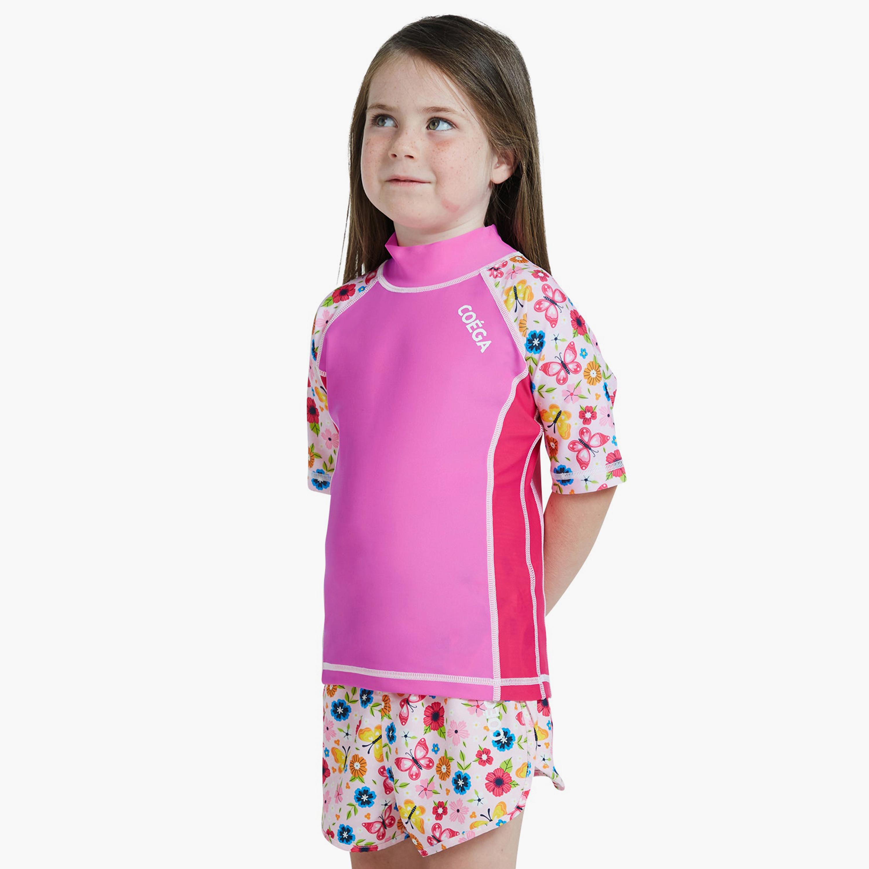 COEGA Girl's Short Sleeve Rashguard, Pink Rosy Flowers-sports-girls-clothing-swimwear-image-3