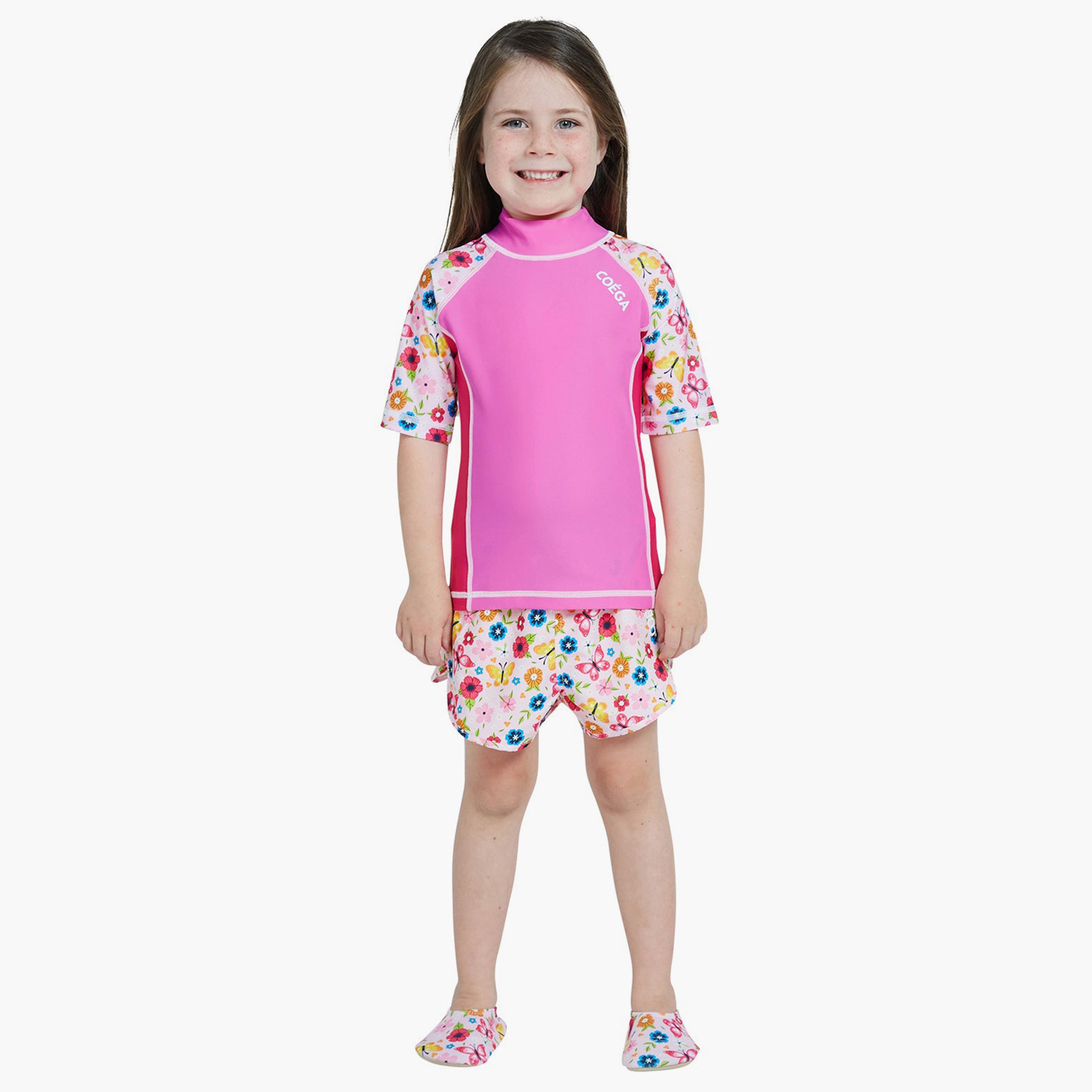 COEGA Girl's Short Sleeve Rashguard, Pink Rosy Flowers-sports-girls-clothing-swimwear-image-4