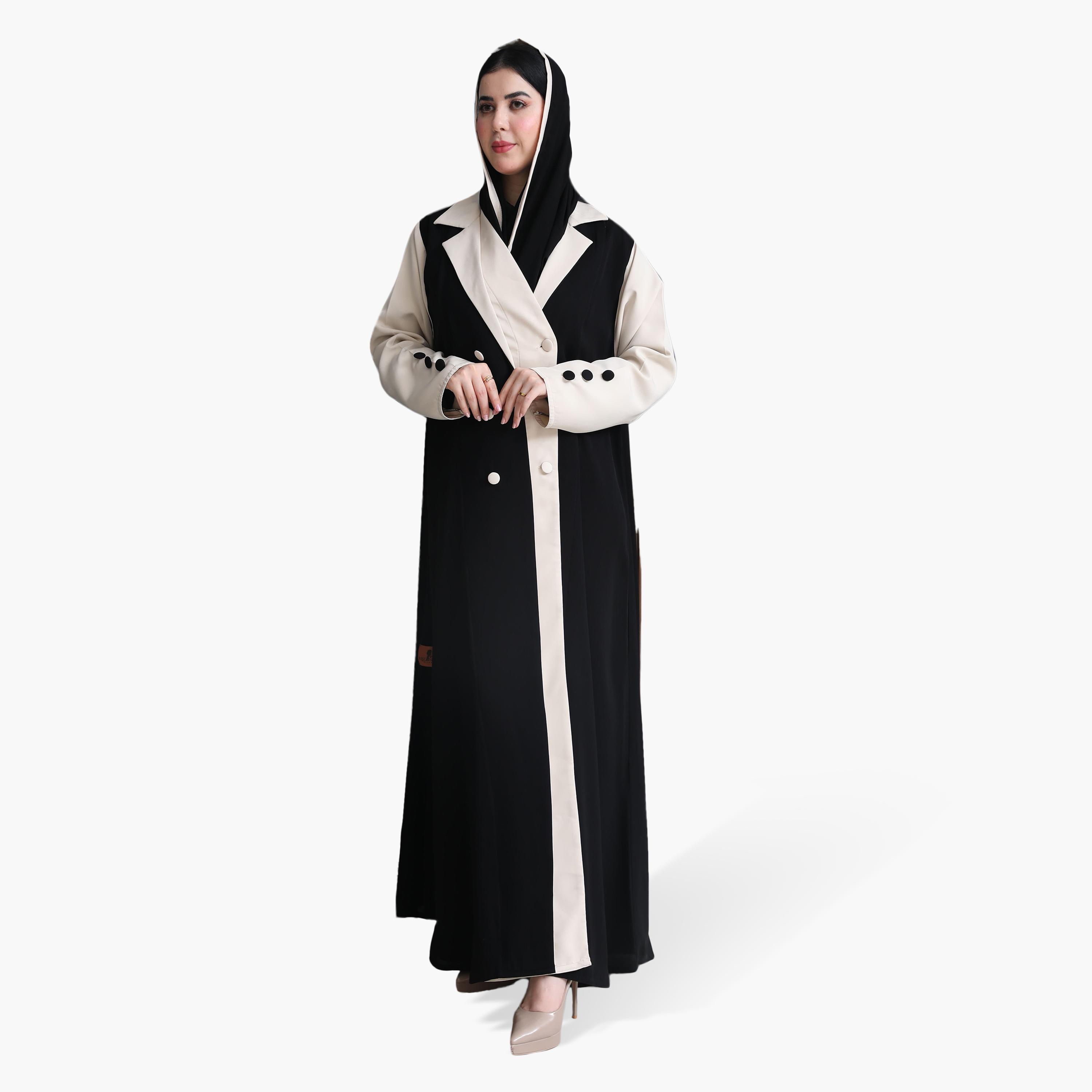 عباية رسمية نسائية بأسلوب "البليزر" وتصميم بلونين وأكمام متباينة مع حجاب من إيليجنت حجاب-women-arabicclothing-abayas-image-3